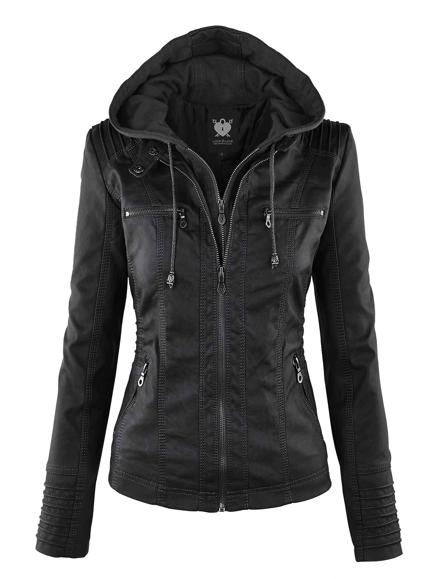 Lock and Love Women's Faux Leather Moto Biker Jacket Coat with Removable or Non-Removable Hood Long Sleeve