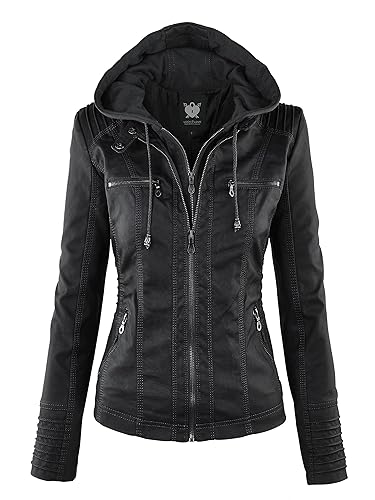 Lock and Love Women's Faux Leather Moto Biker Jacket Coat with Removable or Non-Removable Hood - Small - Wjc663_black