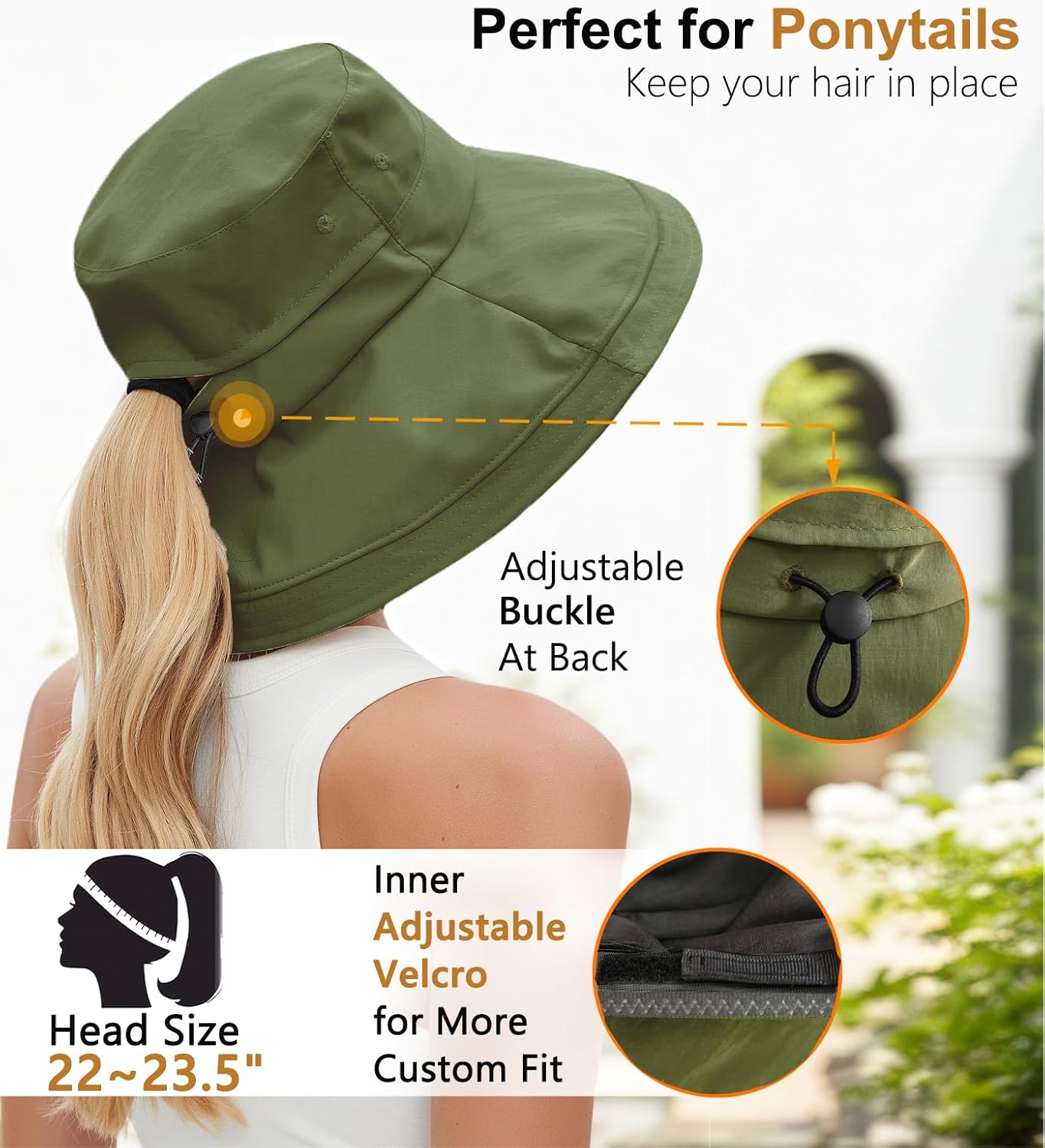 Sun Hats for Women, Wide Brim Waterproof Bucket Hat, Summer Beach Packable Ponytail Hat,UPF 50+ UV Protection - Image 3