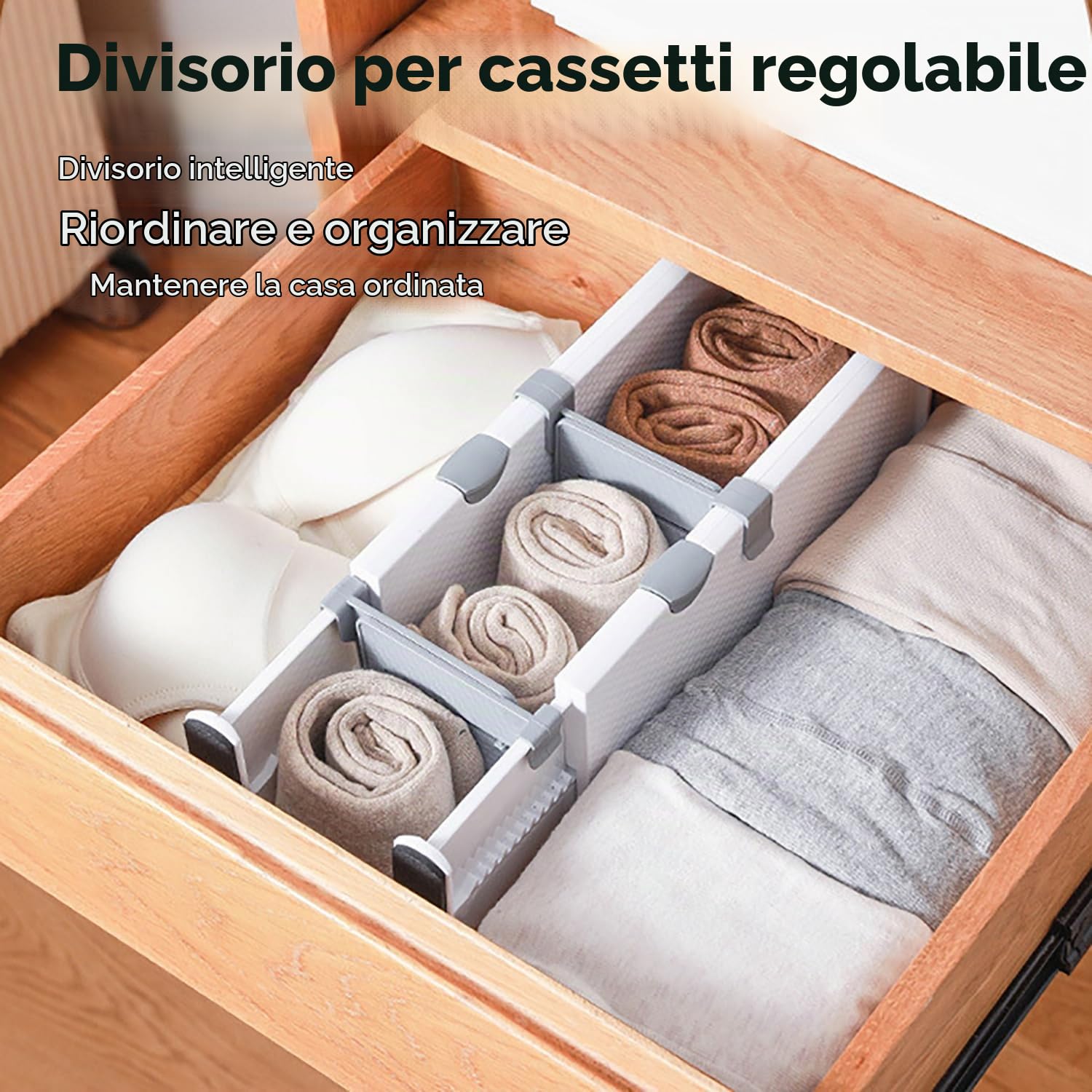 Divisori per Cassetti Cucina，Divisori per Cassetti Regolabili,Confezione da 5,Separatori Per Cassetti Lunghezza Regolabile 37,5-54 cm, Altezza 10 cm,Camera da Letto, Cassettiera, Ufficio