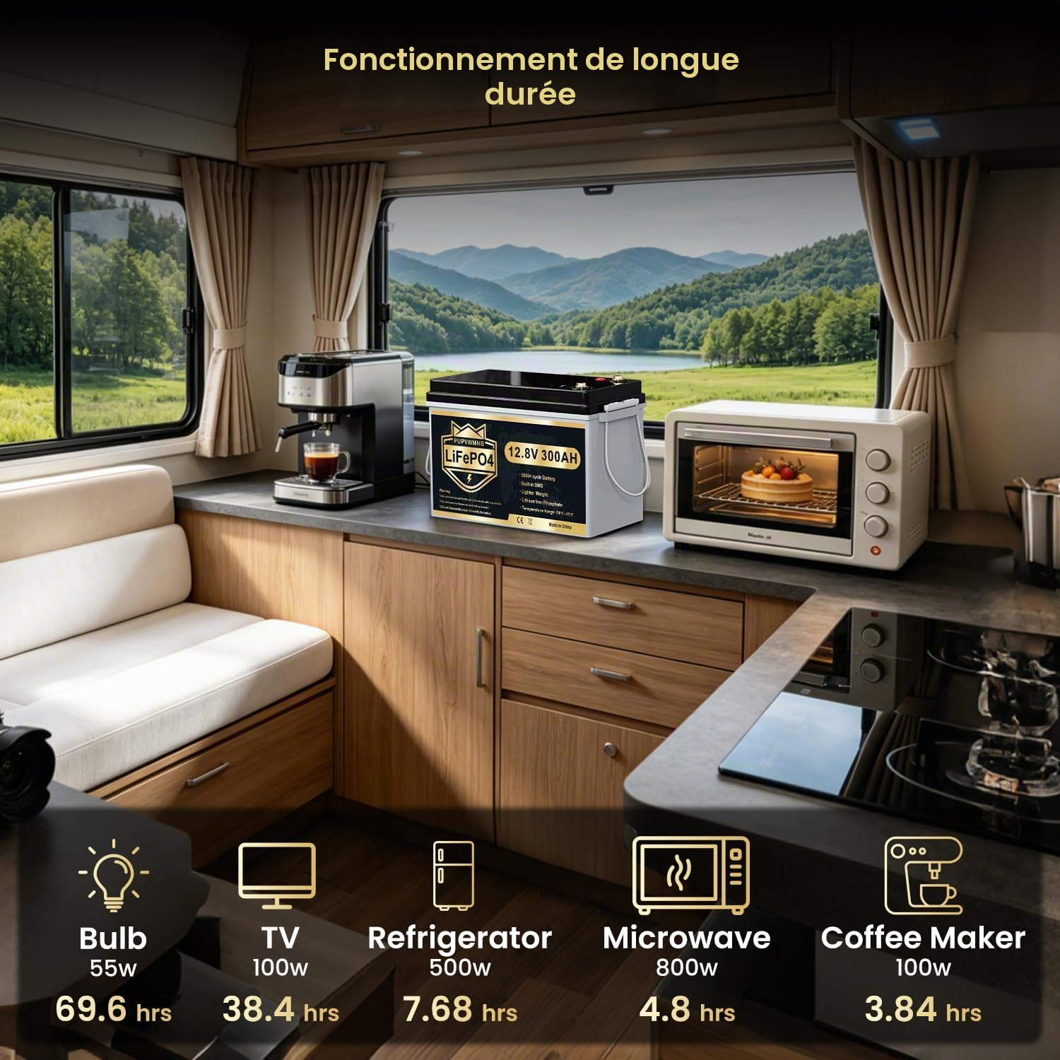 Batterie LiFePO4 12V 300Ah avec Bluetooth, BMS 200A, jusqu'à 15000 cycles, max 3840Wh, protection basse température, cycle profond, design compact, pour camping-car, solaire, moteur électrique