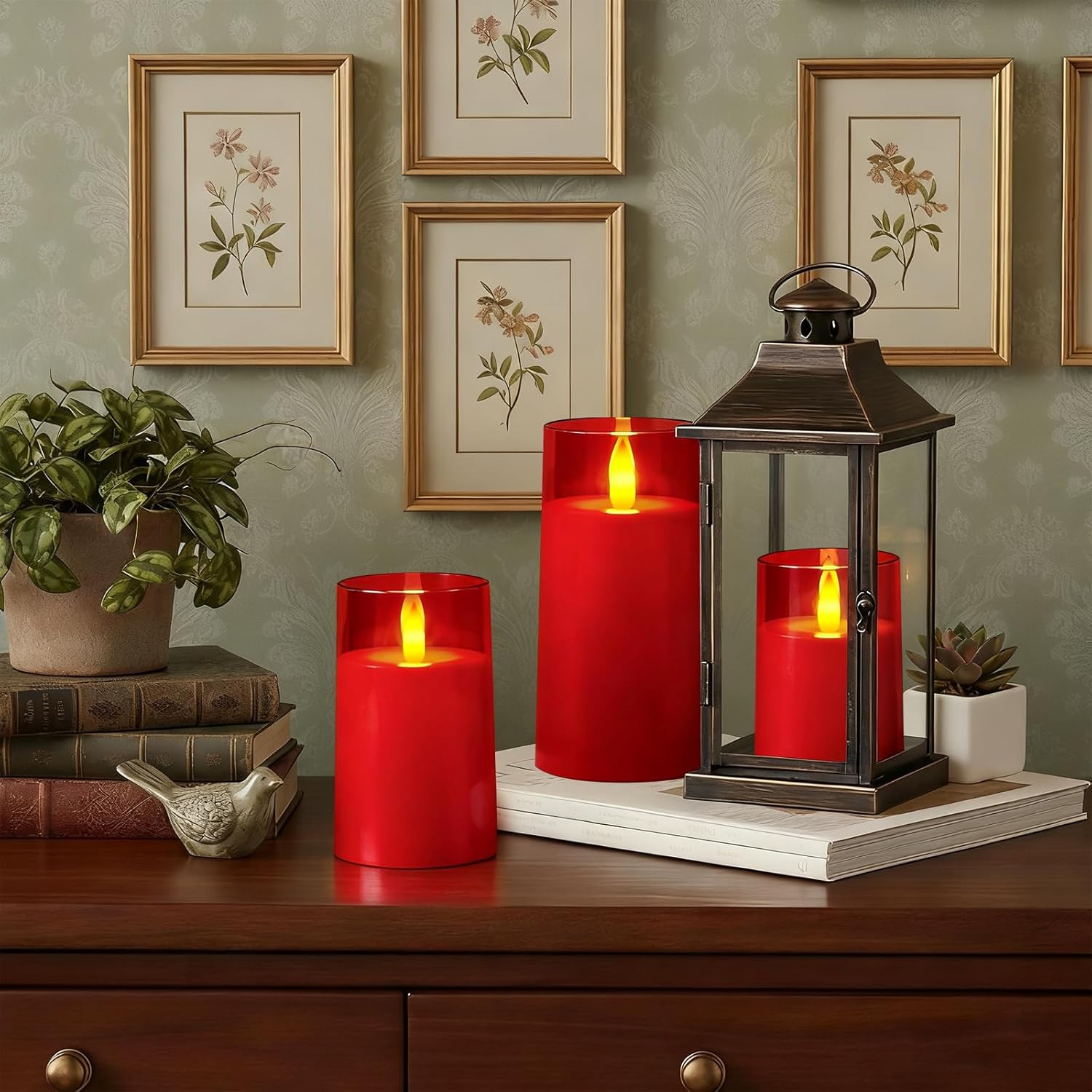 Raycare Flameless Electronic Pillar Candles with Remote Control and Timer- Battery Operated Realistic Flickering LED Fake Candle for Home, Wedding, Valentine's Day Decor,Red,Set of 3(3"x4"5" 6")
