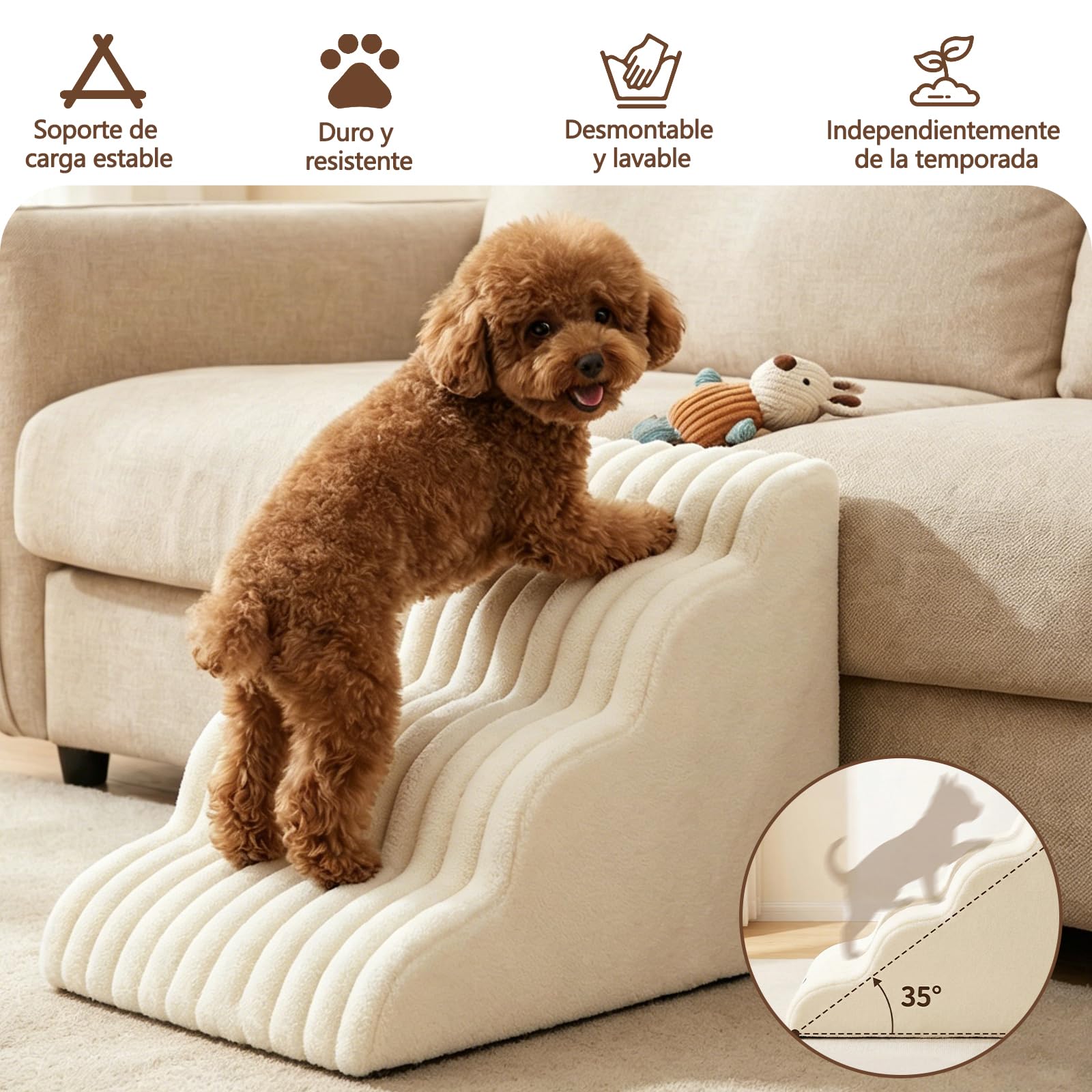 Galatée Escalera para Mascotas, Fabricada En Terciopelo y Esponja Resistente, con Base Antideslizante y Funda Lavable y Extraíble. Apta para Gatos y Perros(Escalera Blanca de Tres peldaños)