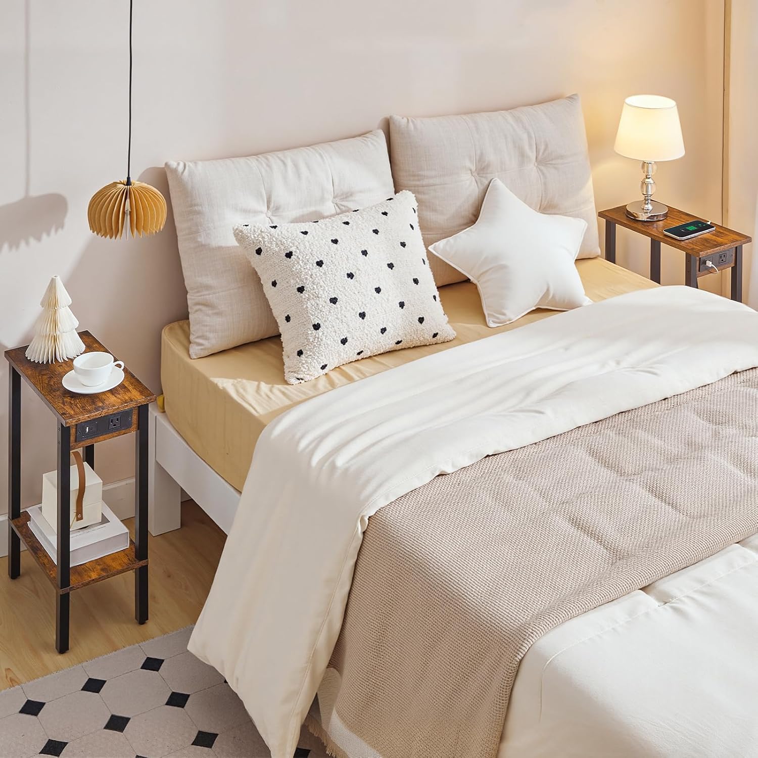 HOOBRO Narrow Side Tables, Set of 2, 2-Tier Slim End Tables with Charging Station, Skinny Nightstands with Open Storage, for Small Spaces, Living Room, Bedroom, Rustic Brown and Black BF240UBZP201