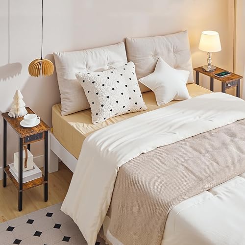 Miniatura 2 de HOOBRO Mesas laterales estrechas, juego de 2, mesas auxiliares delgadas de 2 niveles con estación de carga, mesitas de noche delgadas con