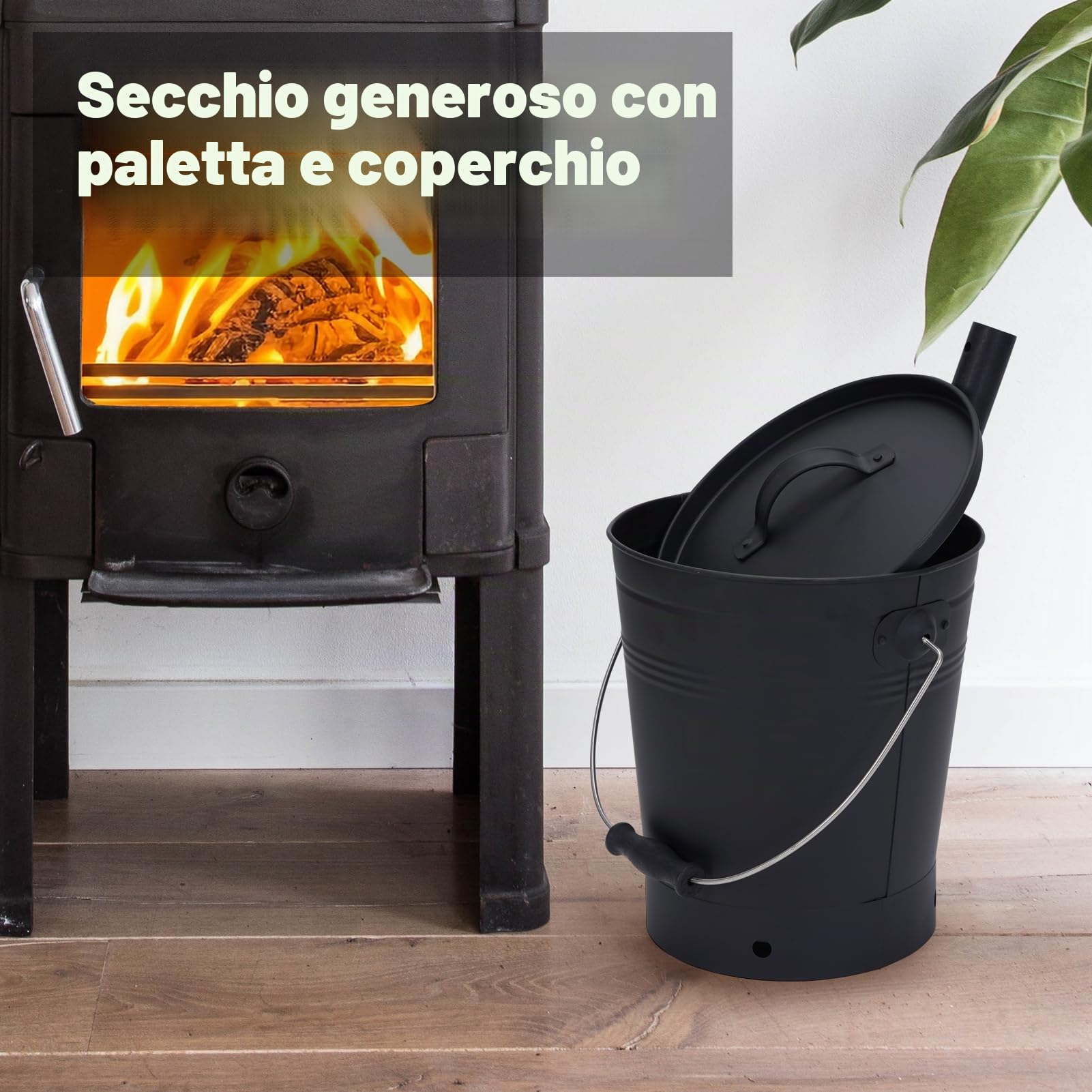 INNO STAGE Secchio per cenere con coperchio e manico in legno Pala per carbone, secchio porta cenere per caminetto, braciere, stufa a legna nera
