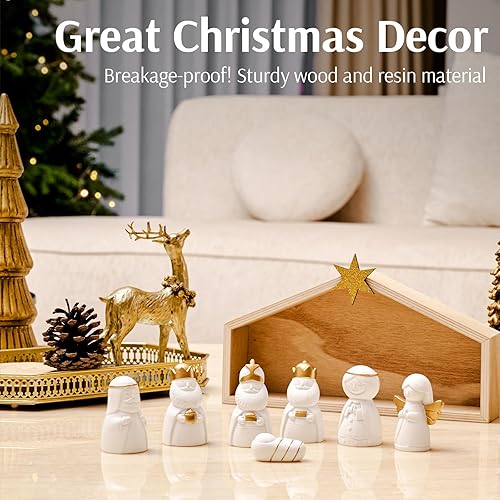 Miniatura 8 de WDS WONDROUS Juego de 12 piezas de pesebre de cerámica, figura de pesebre de Navidad en miniatura, belén de porcelana blanca para Navidad,