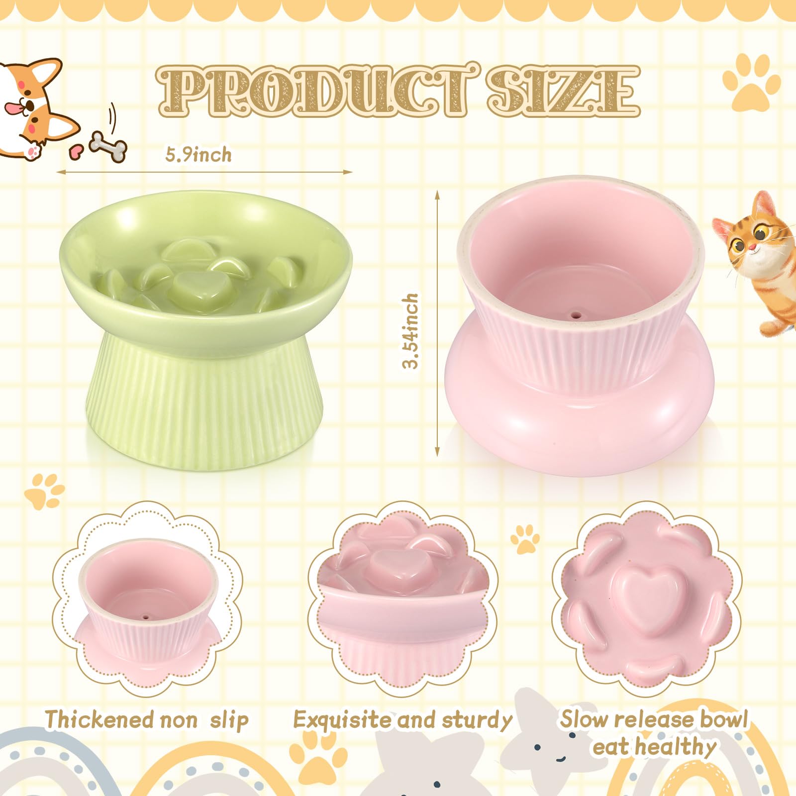 Layhit Lot de 2 gamelles surélevées en céramique pour chat - Anti-vomissements - Pour nourriture sèche et humide - Mangeoire Vert et rose