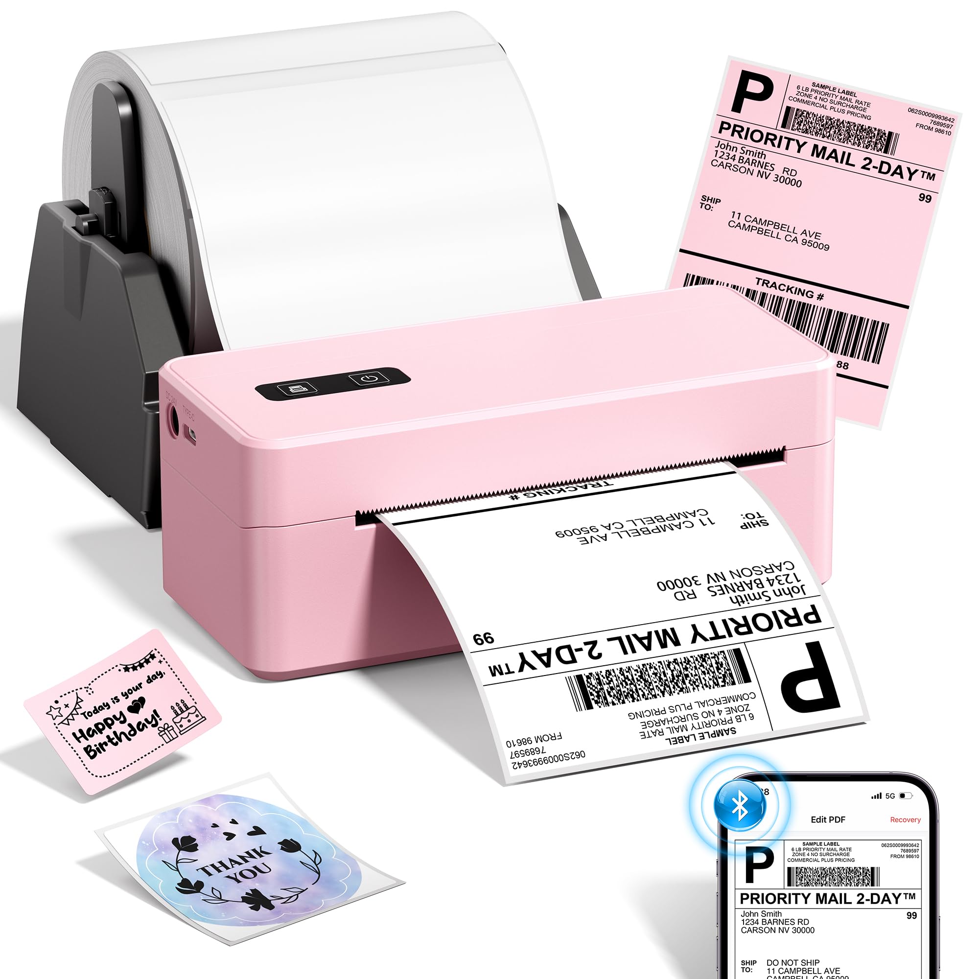 ASprink Bluetooth Thermal Label Printer with Label Holder, 4x6 Shipping Label Printer for Small Business, Compatible with Android, IOS, Windows and Mac, Widely Used for Shopify, Royal Mail, Pink