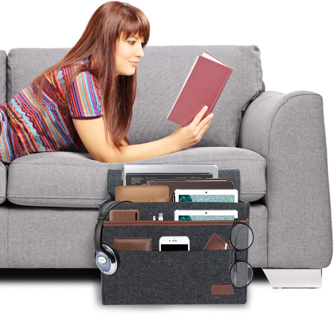 Kernorv Bedside Caddy, Felt Bedside Storage Organizer Home Mattress Sofa Table Cabinet Bed Caddy Storage Organizer with Pockets for Tablet Pad Phone TV Remotes Magazine Books Phone Chargers(Dark Grey)