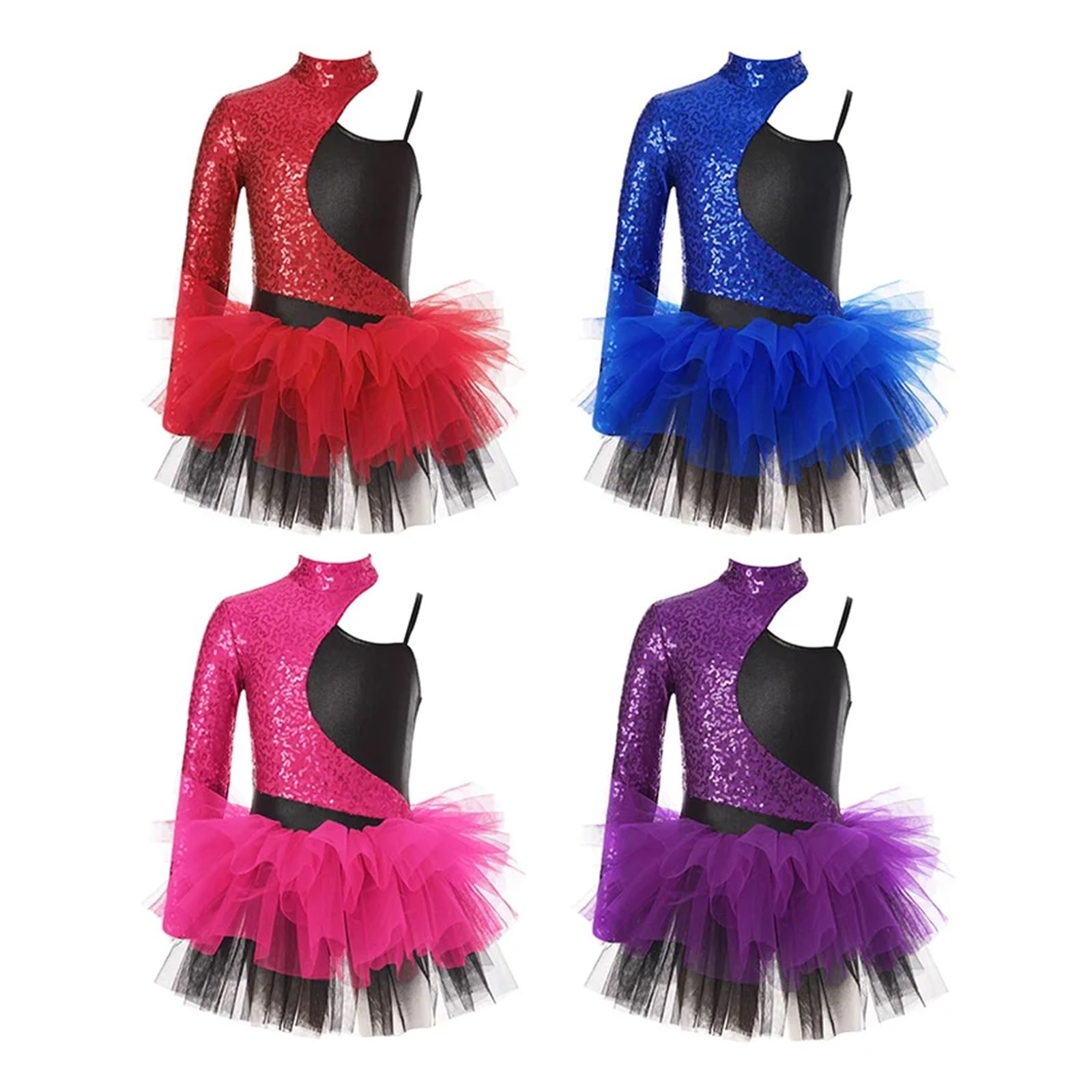 Maillot patinaje artistico Vestido de lentejuelas brillantes for niñas, falda de tul con mangas asimétricas, leotardo de gimnasia, Ropa de baile for adolescentes, trajes de baile de Jazz for niños(Blu