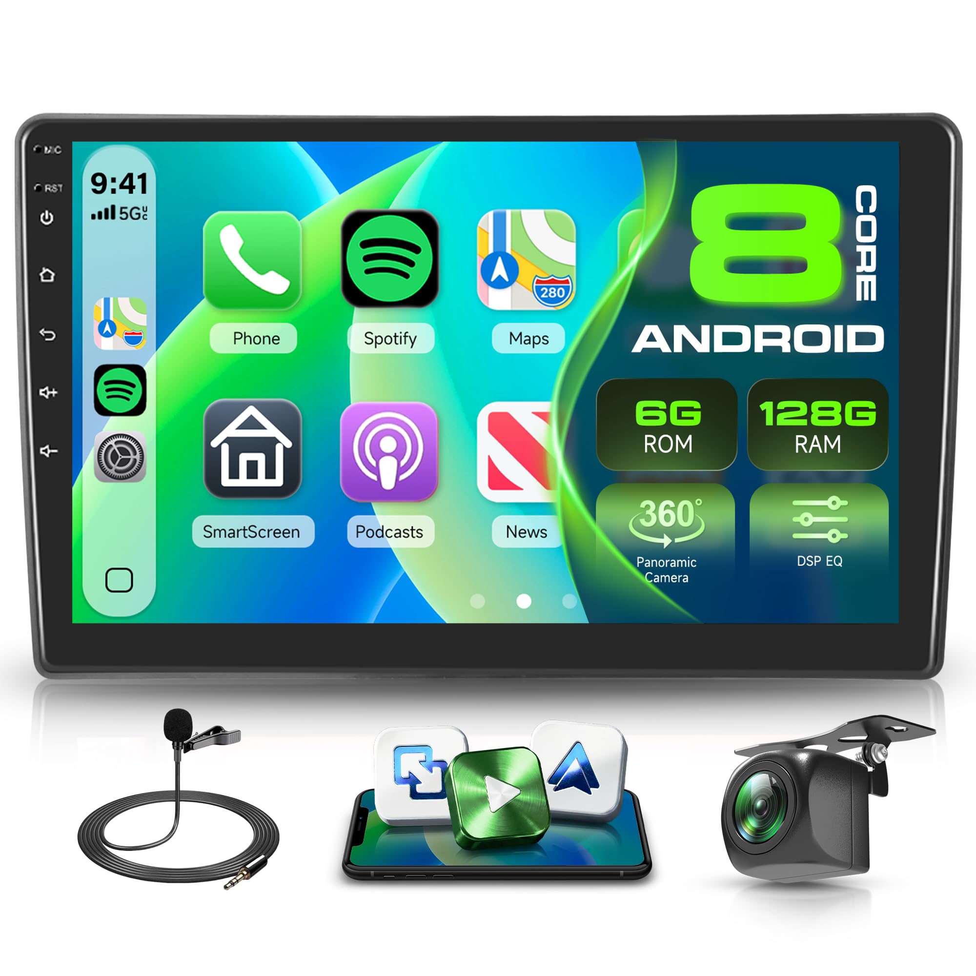 8Core 6G+128G Android Radio Coche para Citroen C5 2008-2017 Inalámbrico Carplay Android Auto GPS Navi WiFi 360° Panorámica 10 Pulgadas Pantalla Táctil Radio Bluetooth FM/RDS/DSP EQ/SWC Cámara Trasera