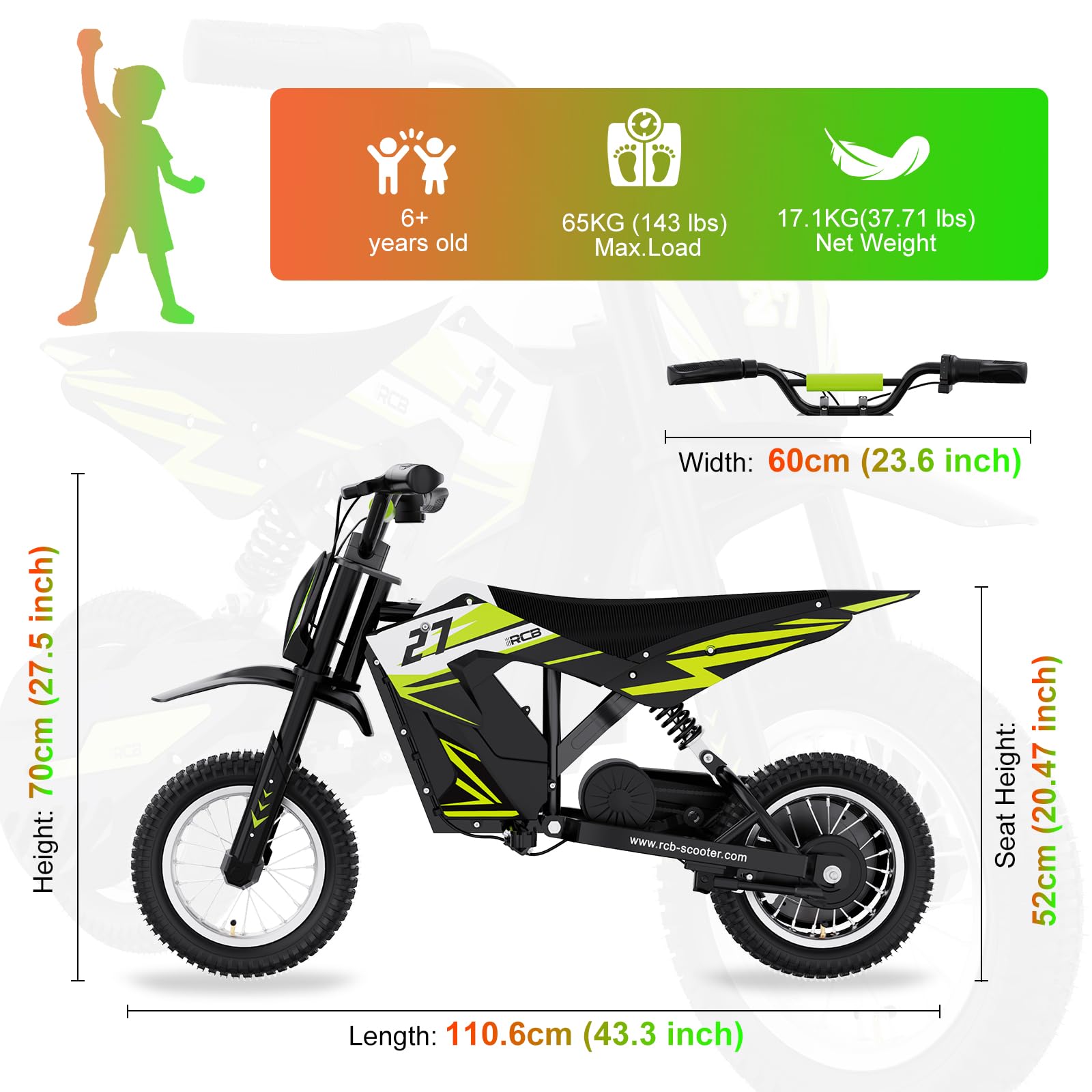 RCB TECH R9X Motocicletta elettrica per bambini, Motore potente, 3 modalità di velocità, Max 25 km/h, 5,2Ah Batteria, Portata massima 17 km, Pneumatici da 12 pollici, Moto da cross per Bambini