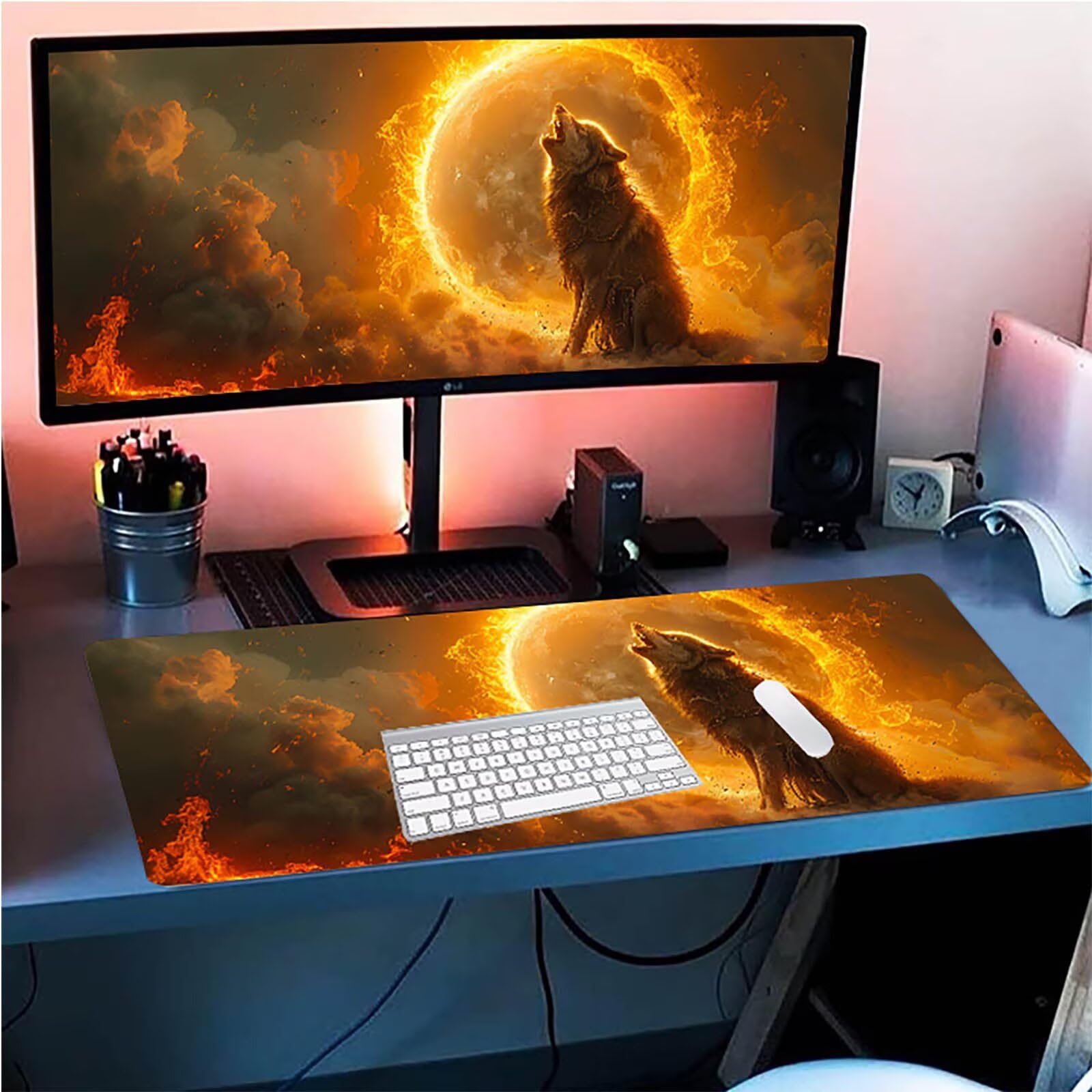 Tappetino Mouse XXL 1500 x 800 mm, Tappetino Mouse Lupo, Gaming Mousepad Migliorare la Velocità e la Precisione, Mouse Pad con Base in Gomma Antiscivolo, Ufficio Accessori Gaming, Grigio C-8714