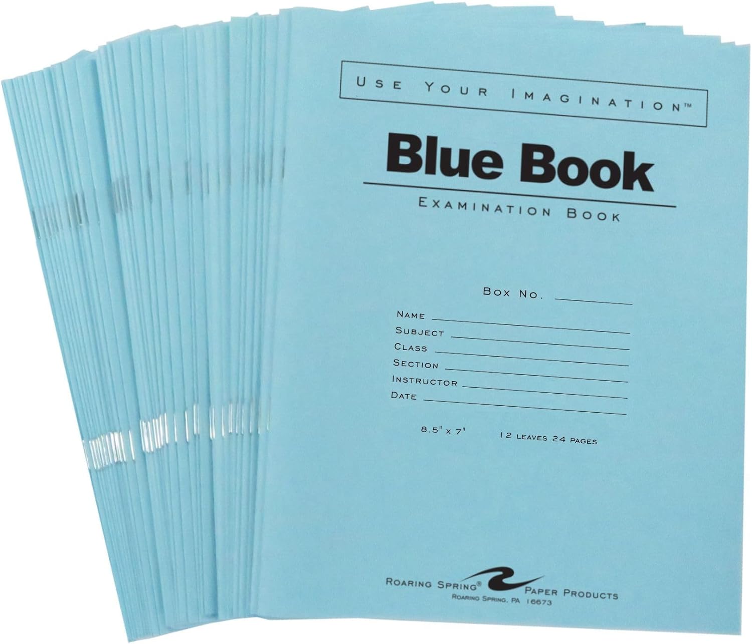 ROARING SPRING Exam Blue Books, 50 School Examination Booklets, 8.5" x 7", 12 Sheets/24 Pages, Wide-Ruled with Margin Student Testbook, Made in USA