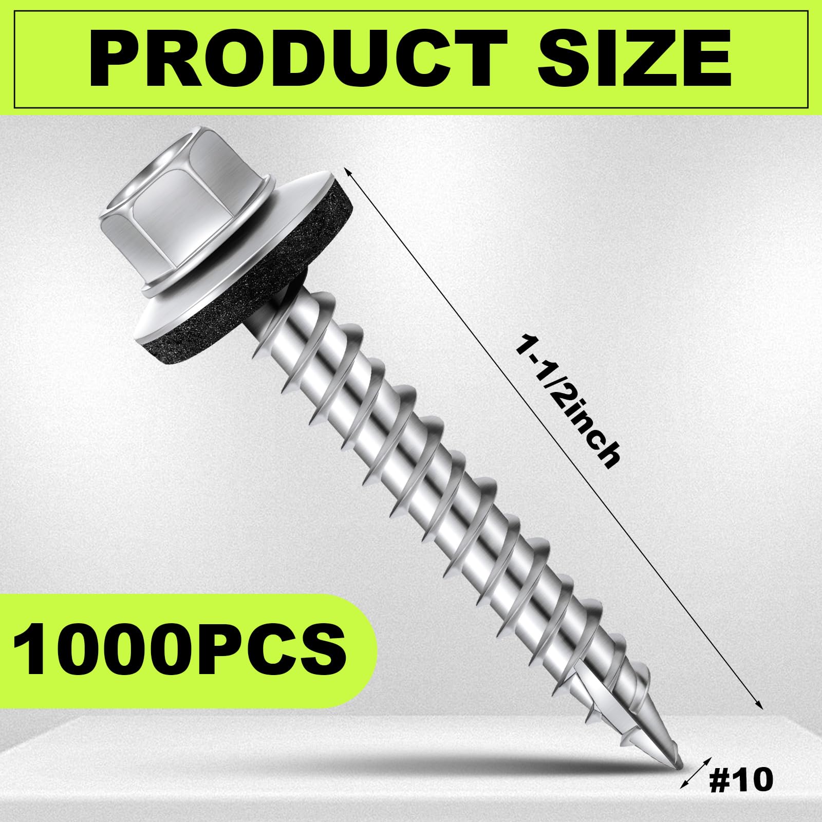 Tandefio Tornillos de metal para techos (1000) #10 x 1-1/2 pulgadas de cabeza hexagonal de zinc con arandela de goma, tornillos de techo autorroscantes de metal a madera
