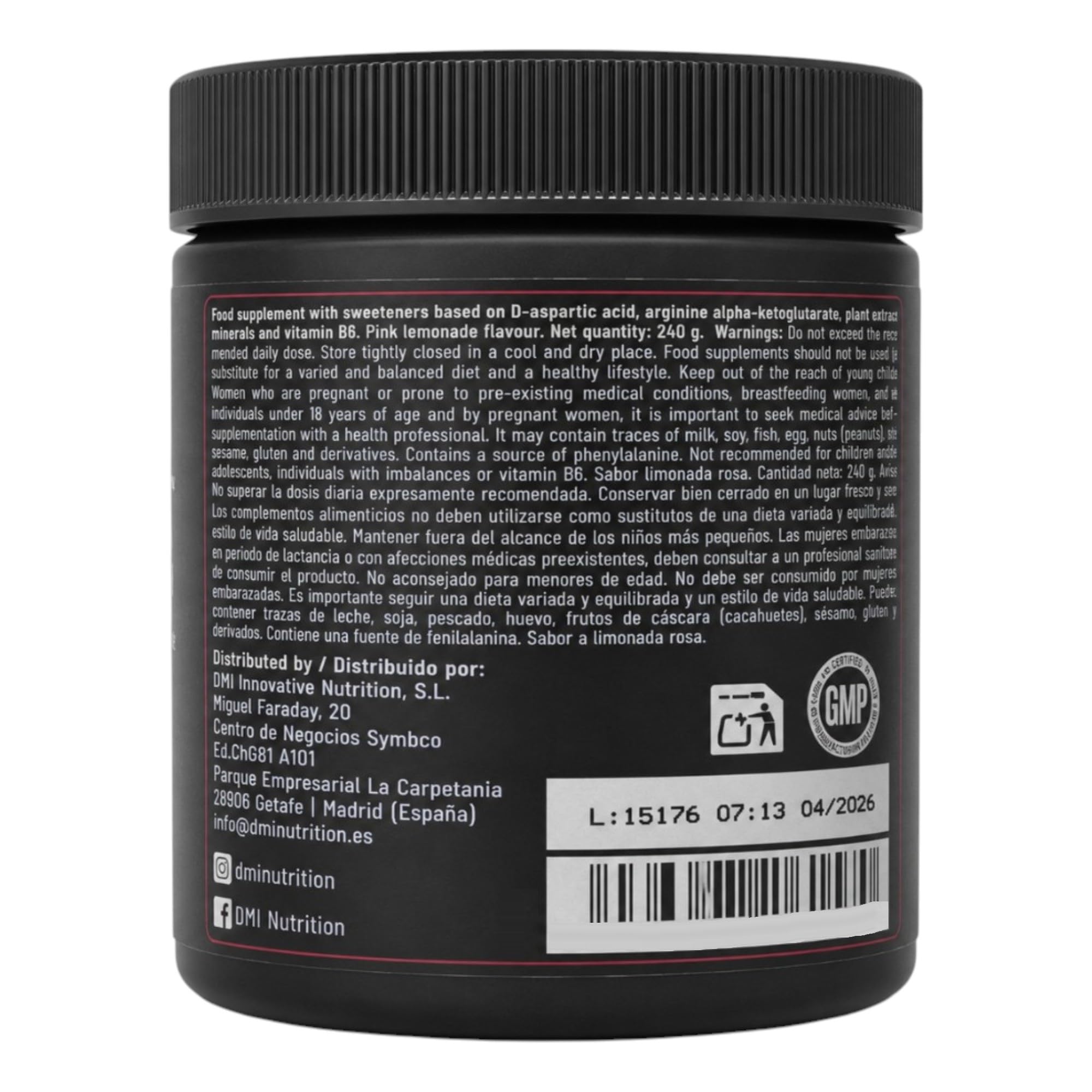 DMI INNOVATIVE NUTRITION Anabol Testo Booster Limonada Rosa 240g Potenciador Natural Testosterona Ácido D-Aspártico Tribulus Maca Ashwagandha KSM-66 Zinc BioPerine Sin Azúcar