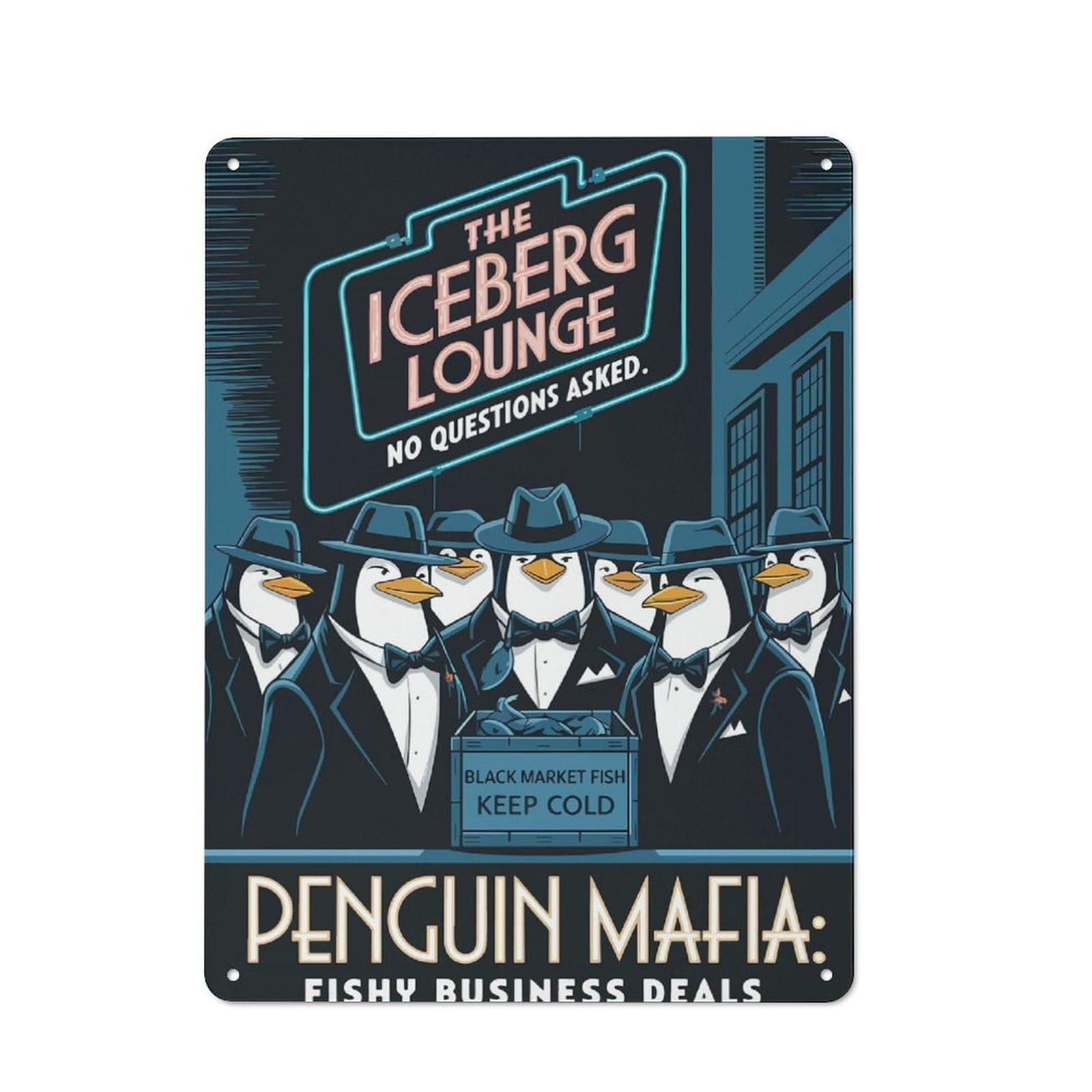 Junmoney Penguin Mafia Fishy Business Deals Industrial Metal Sign 40X30cm, Clean Industrial Loft Wall Plaque For Modern Home, Workshop, Office Or Cafe
