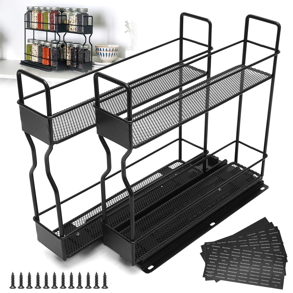 Estantería de dos pisos para especias, extensible, cajón para especias, no requiere montaje ni perforación, construcción de madera natural, diseño de cajones de varios niveles para uno (acero