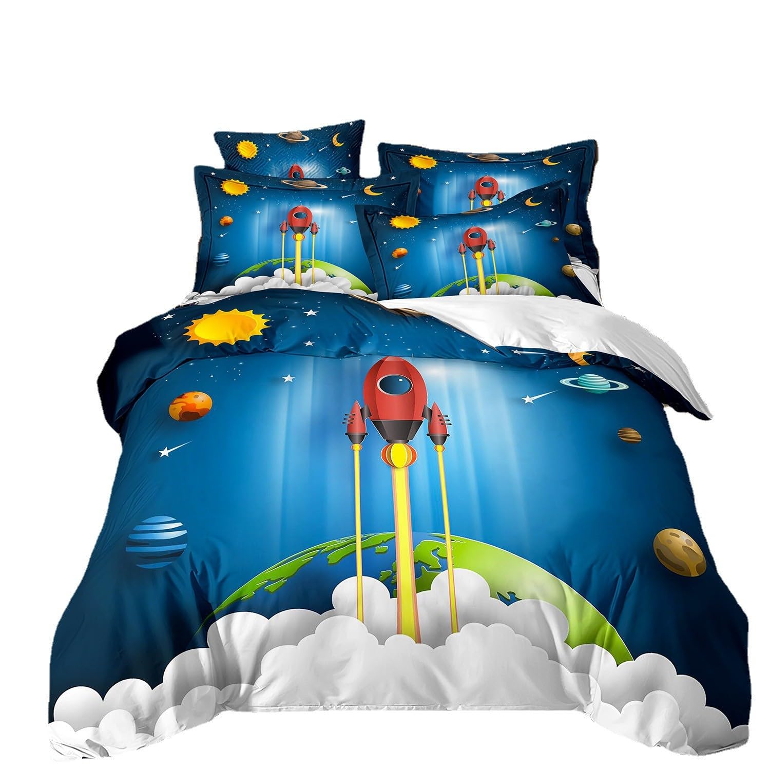 ZZTBQ Rockets Stars and Space Blue Kids Double Bed Duvet Cover and Pillow Cases Set Planets and Spaceship Rockets Kids Double Bedding for Boys and Girls 200 x 200 cm