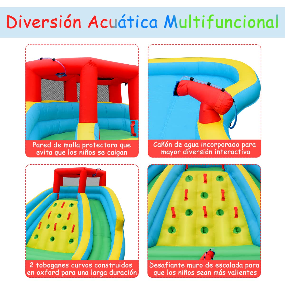 COSTWAY Tobogán Inflable, Parque De Agua Para Niños Con Piscina De Chapoteo, Pared De Escalada, Cañón De Agua Y Toboganes (Con Soplador De 680W)