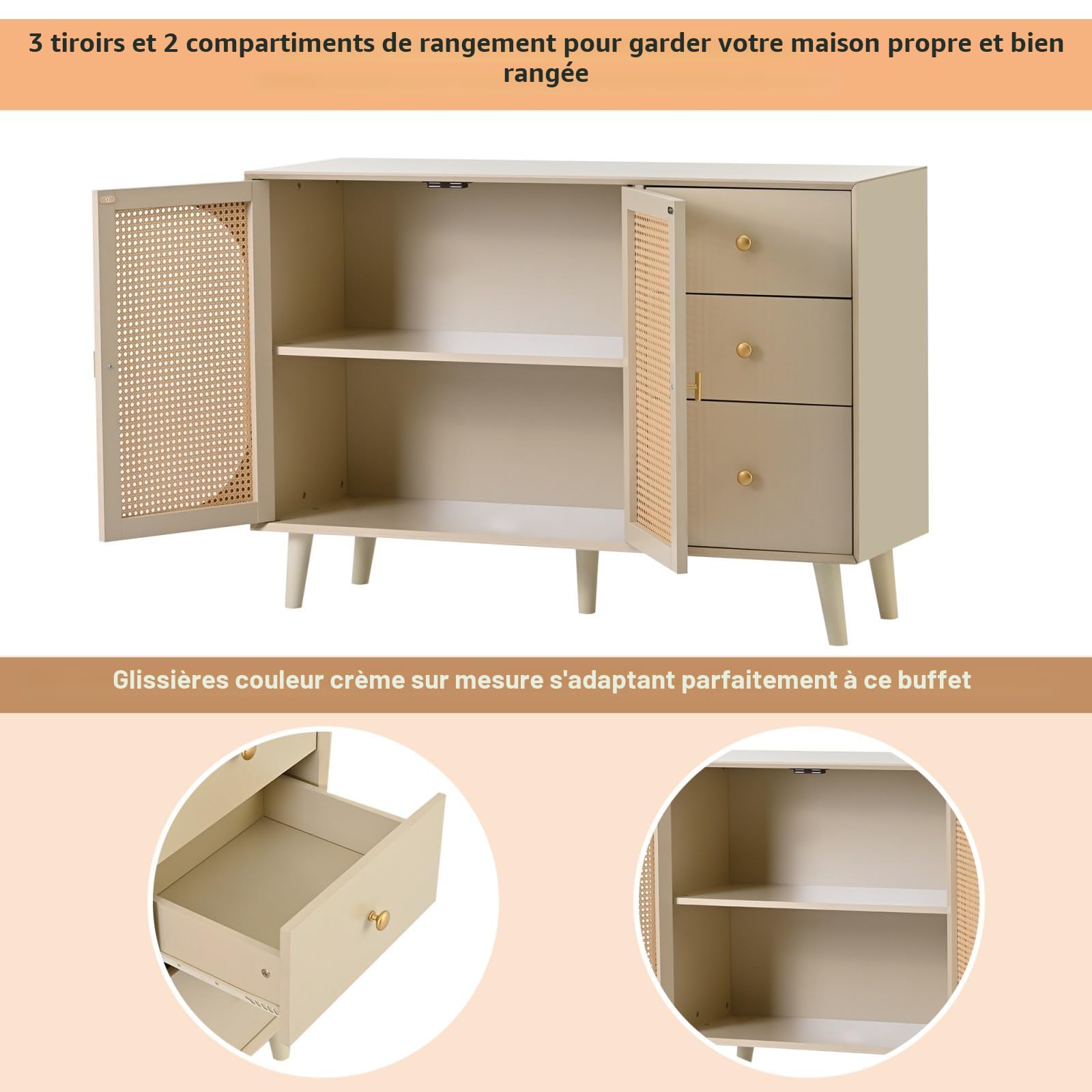 KOMHTOM Buffet Beige avec Portes en rotin, Meuble de Rangement avec 2 Portes et 3 tiroirs pour Salon Chambre à Coucher Salle à Manger Couloir (Beige Clair-D)