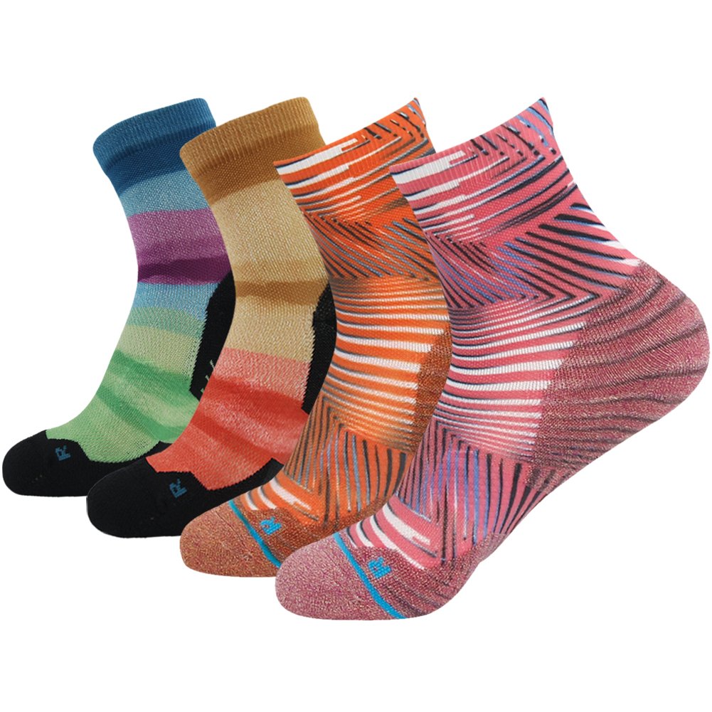 HUSOMens Womens Quick Dry Striped Print Running Hiking Athletic Quarter Ankle Socks 3, 4, 6 Pairs