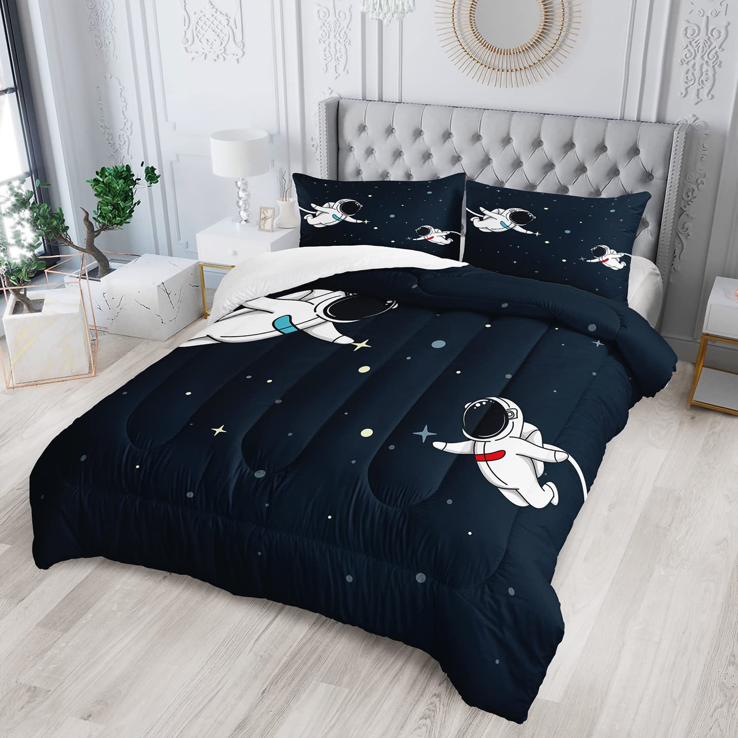 AILONEN Astronaut Comforter Set for Teens Boys Kids Girls, Space Astronaut Bedding Set Full Size,Outer Space Themed Quilted Duvet Bed Set,1 Comforter 2 Pillowcases 3 Piece