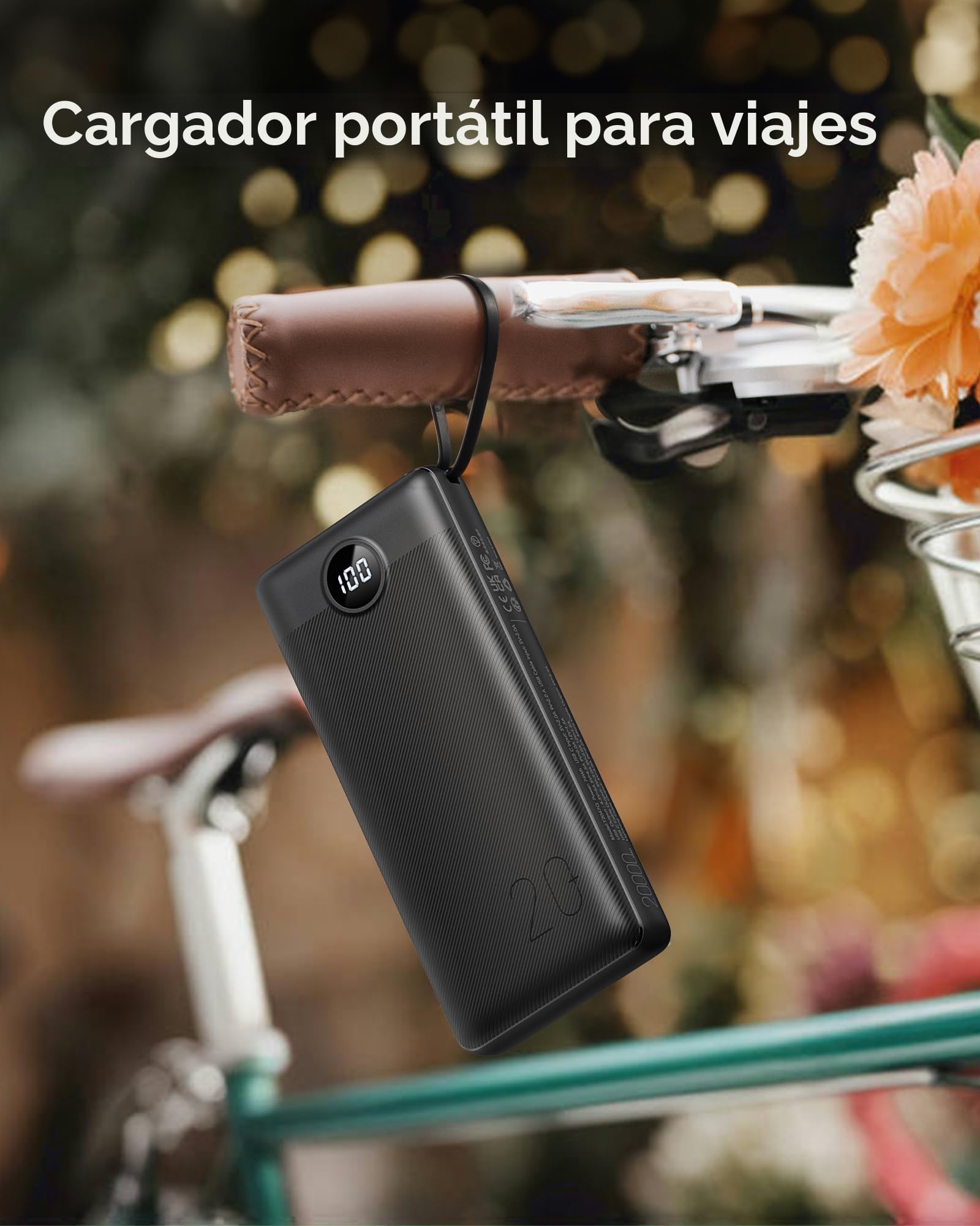 VRURC Power Bank, 22,5W Bateria Externa Carga Rapida 20000mah con 4 Cables Integrado, USB C In/out Powerbank, Cargador Portatil Fast Chagring Compatible con iPhone 17/16 Pro MAX/iPad/Xiaomi (1 Pack)