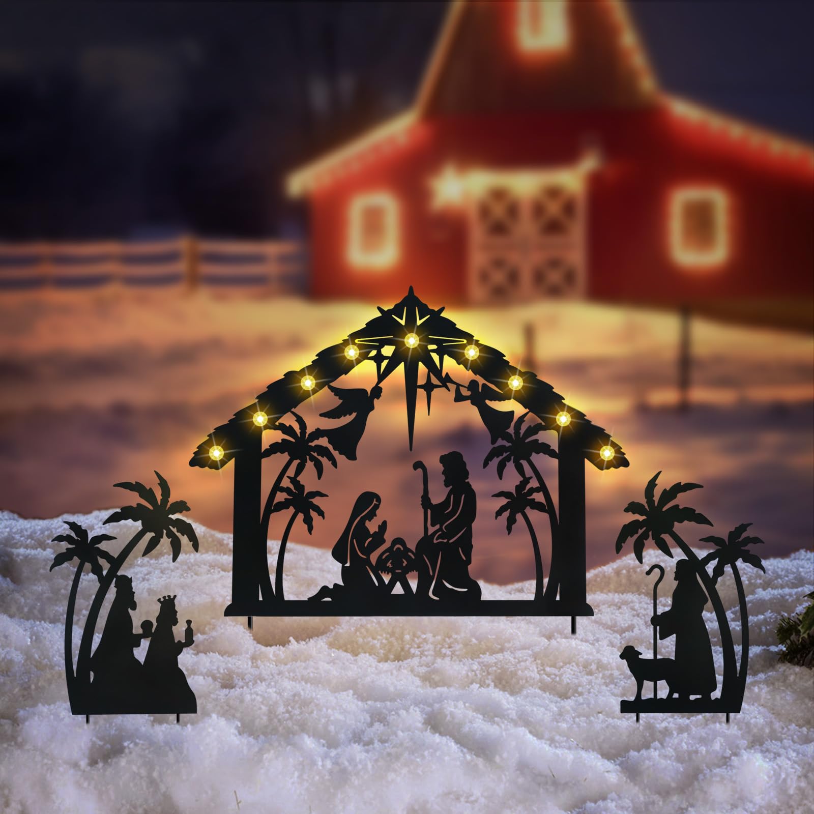 Hokfirm 3Pack Lighted Metal Nativity Scene Garden Stake,Solar Christmas Decorations Outdoor,Silhouette Nativity Set Outside for Yard Decor
