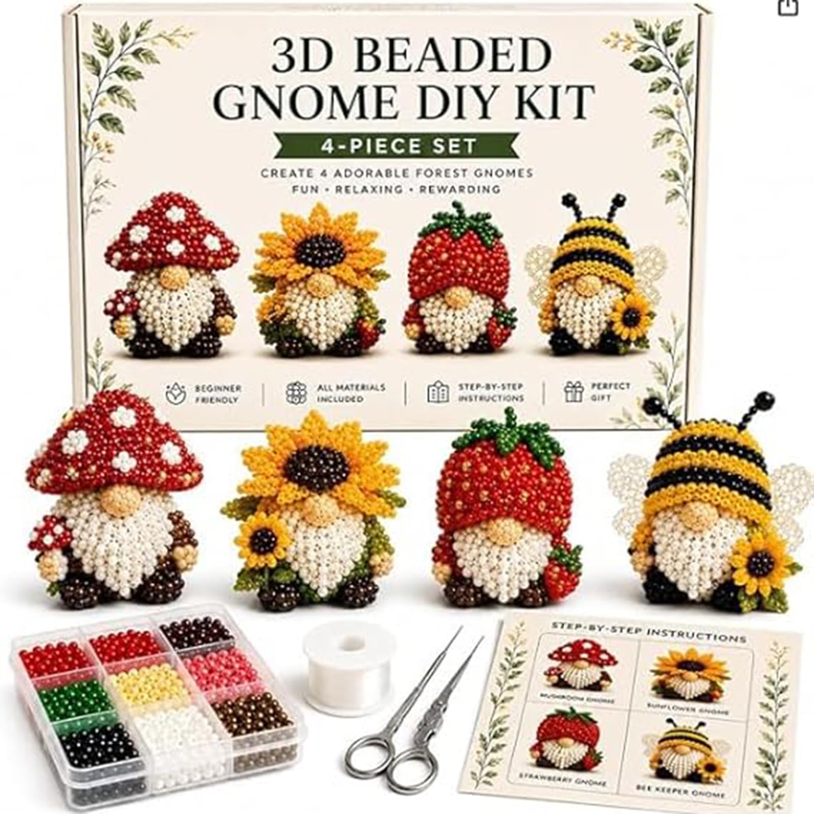 DIY 3D Gnome Bead Embroidery Kits Complete Accessories Beadwork Crafts Kit Cute Bead Craft Set for Teens Girls Women Enthusiasts