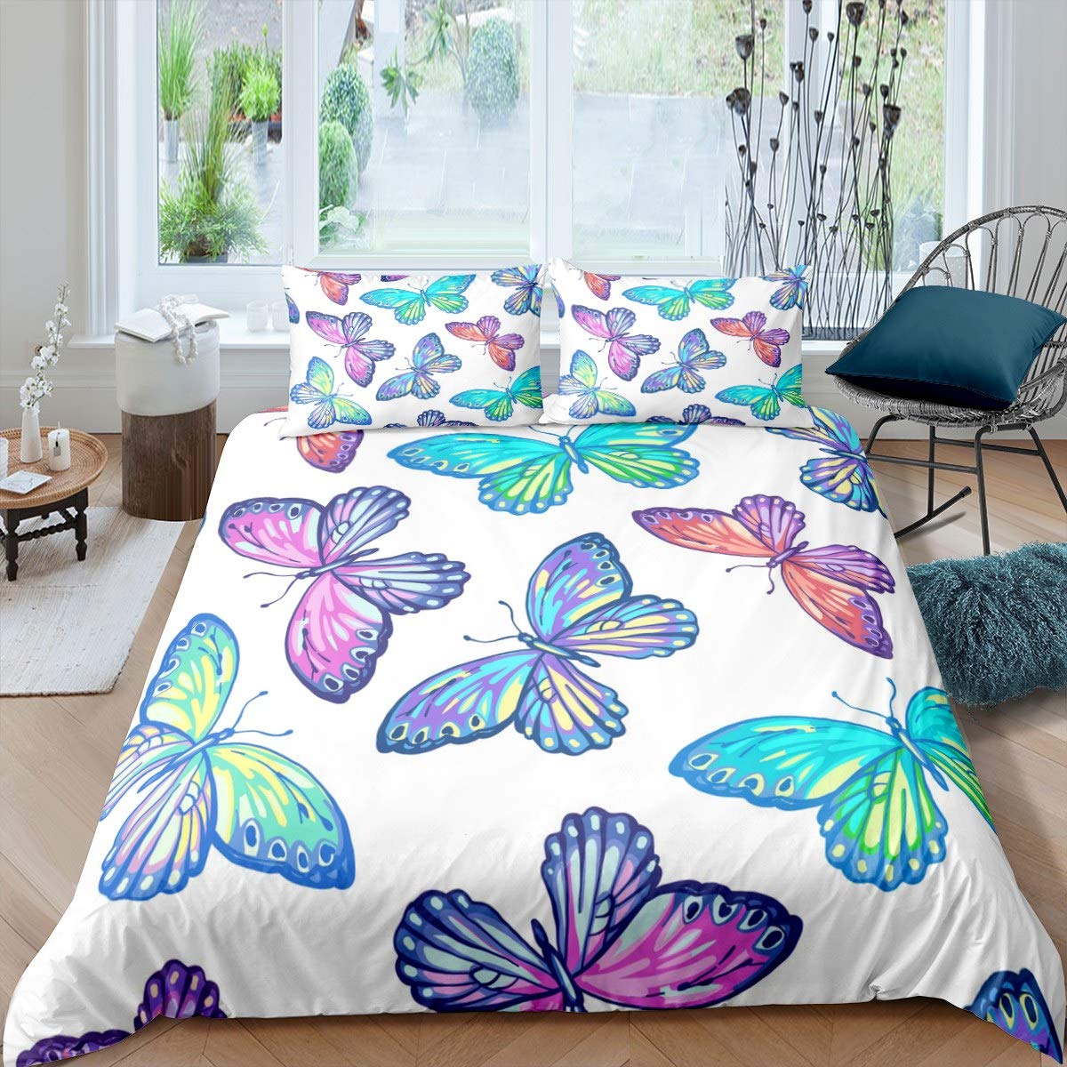 Tbrand Juego de ropa de cama para niñas con diseño de mariposas, diseño de mariposas, color rosa y verde azulado y rosa