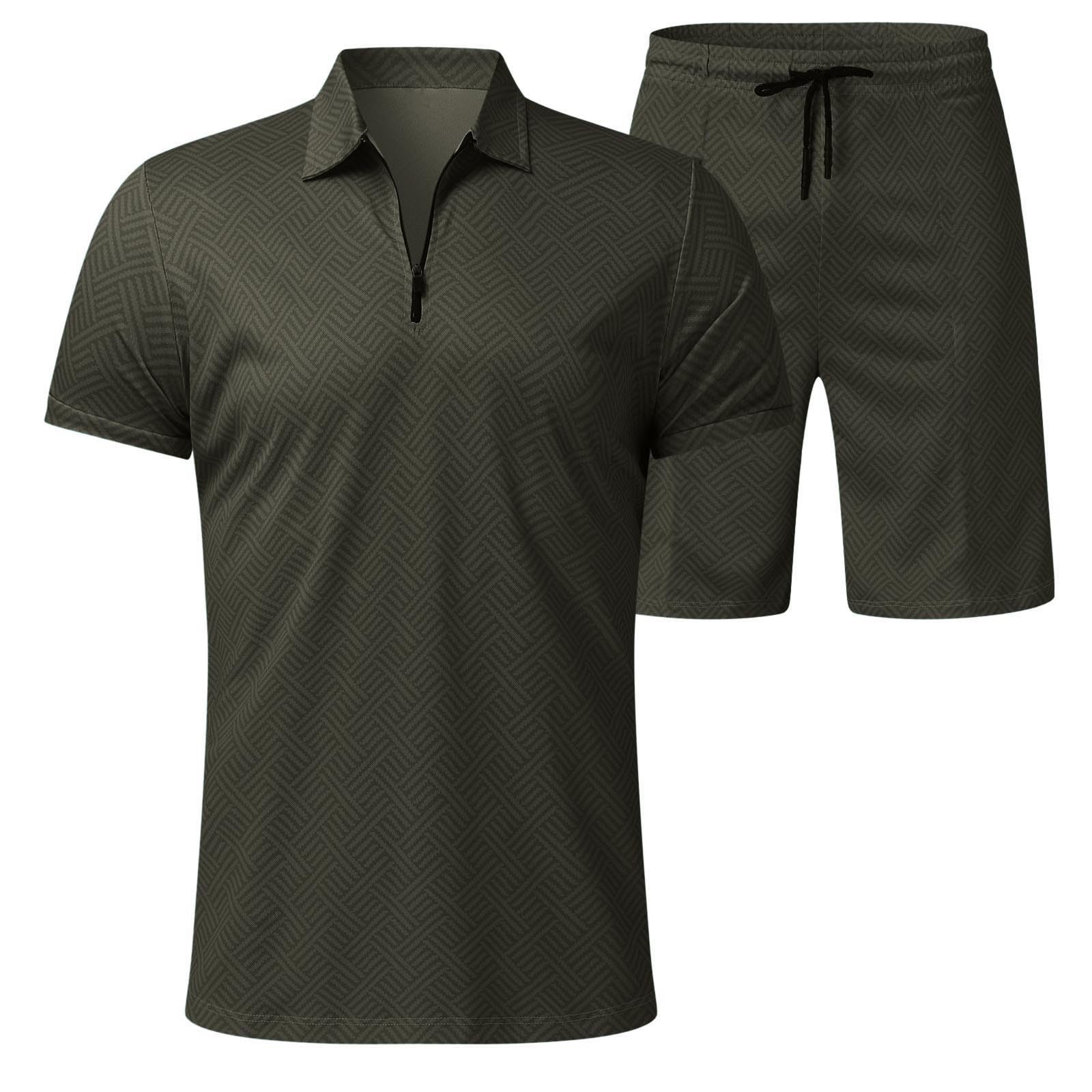 Trainingsanzug Herren 2 Teiler Sommer Outfit Leicht Jogginganzug mit Polo Hemd und Shorts Set Einfarbig Freizeitanzug Atmungsaktiv Bequem Hausanzug Dünn Sportanzug Fitnessanzug Activewear Streetwear
