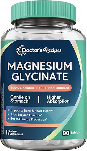 Doctor's Recipes Glicinato de magnesio, magnesio quelatado con alta absorción y no tamponado, fácil para el estómago, sin gluten, huesos, nervios y