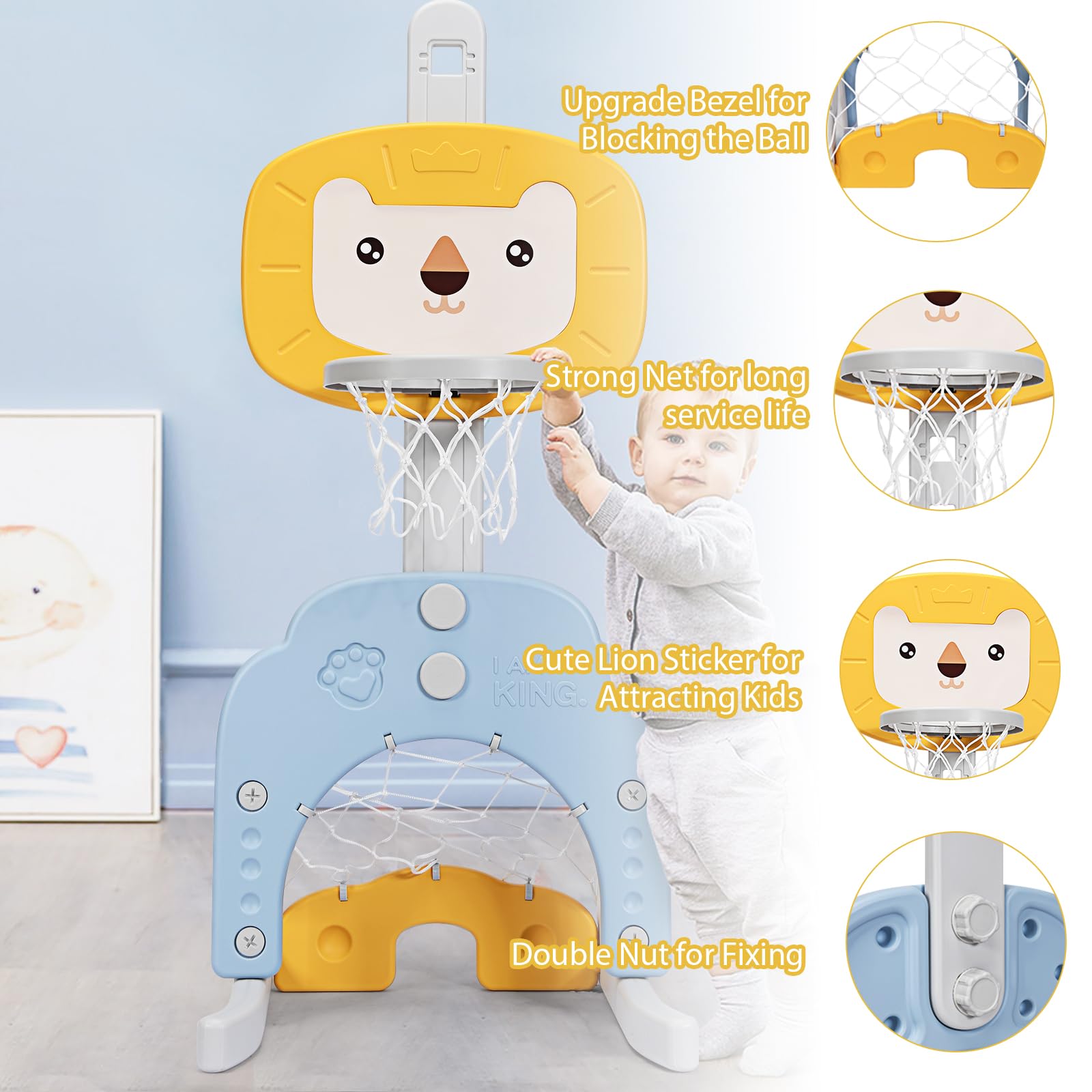 HOMASIS 3 in 1 Canestro Basket Bambini con Pallacanestro, Calcio e Golf, Basket Bambino a Forma di Leone con Altezza Regolabile 110-149 cm, Canestro Basket da Camera da Esterno (Giallo)