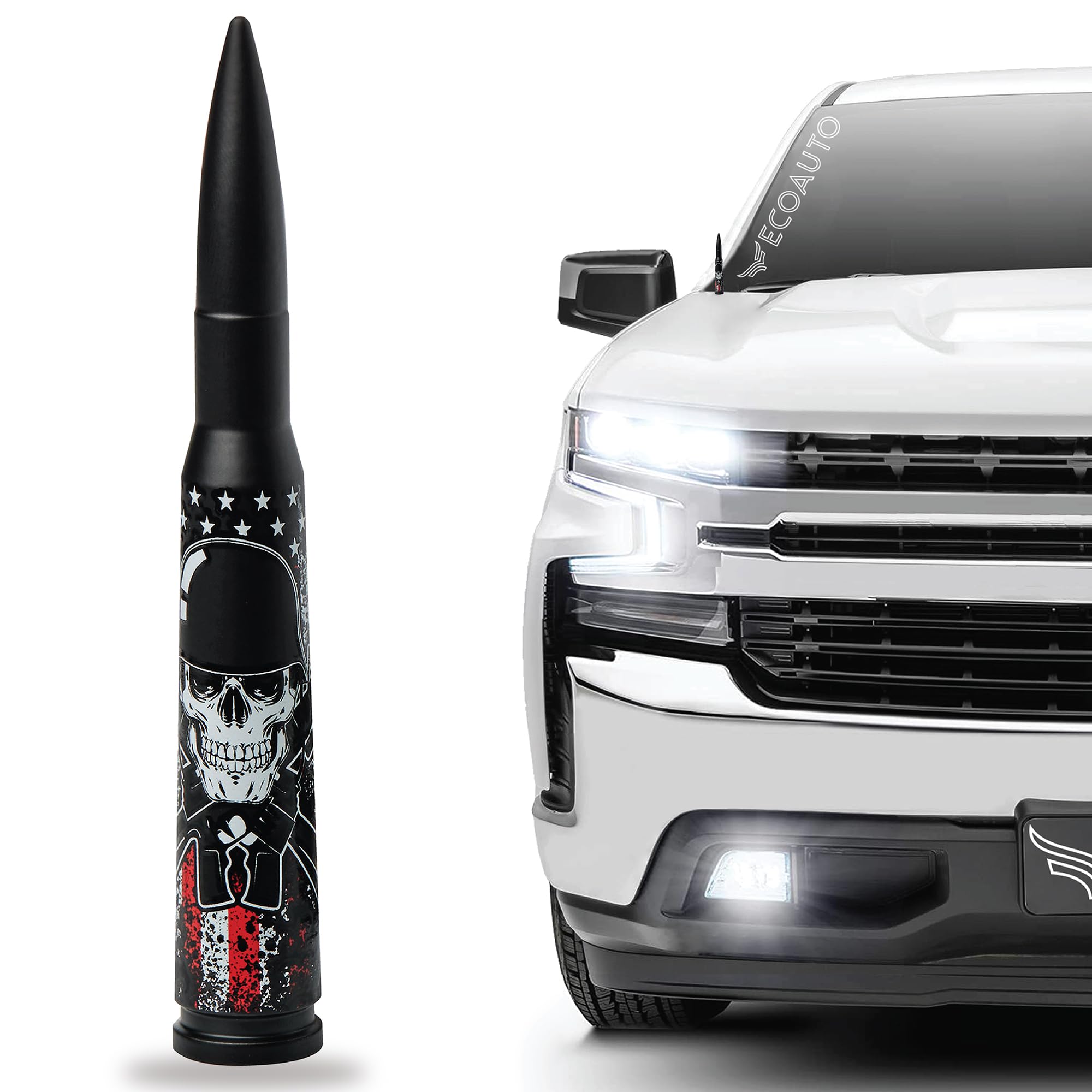 EcoAuto Car Antenna Replacement Fits All Chevy & GMC Truck Model Years - Radio Antenna for Truck Made with Military Grade Aluminum - Anti Chip & Anti Theft Design (American Skull Matte Black)