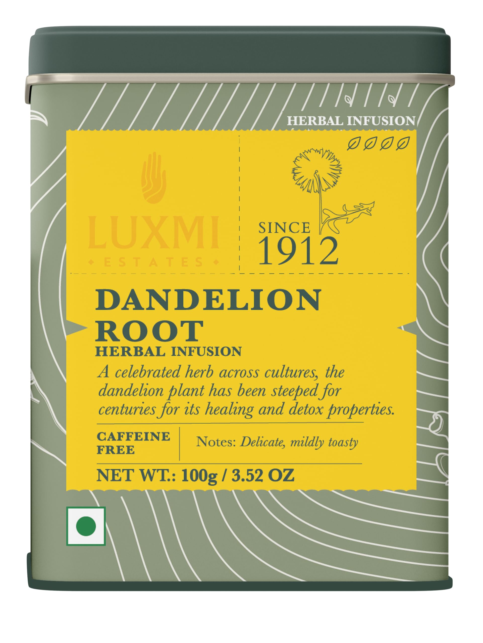 Luxmi Estates Dandelion Root Herbal Tea 100gm Tin Caddy | USDA Certified Organic Herbal Tea | Caffeine-Free | Single Ingredient | 50 Cups | Detox & Liver Cleanse | Digestion Support