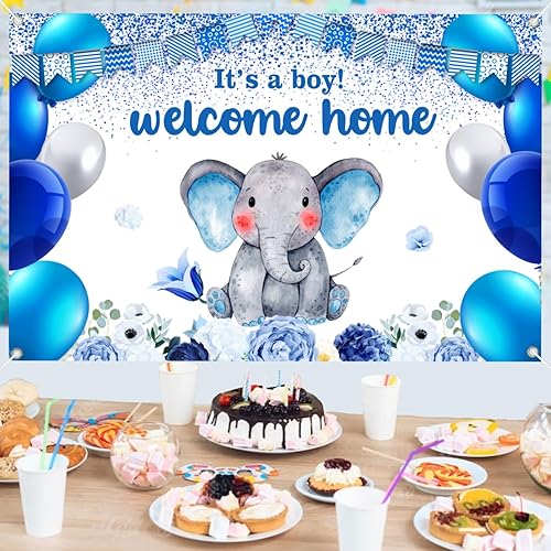 Miniatura 7 de Cartel de revelación de género con texto en inglés "I'm a Boy" para fiesta de baby shower, cabina de fotos, decoración de fondo de elefante azul,