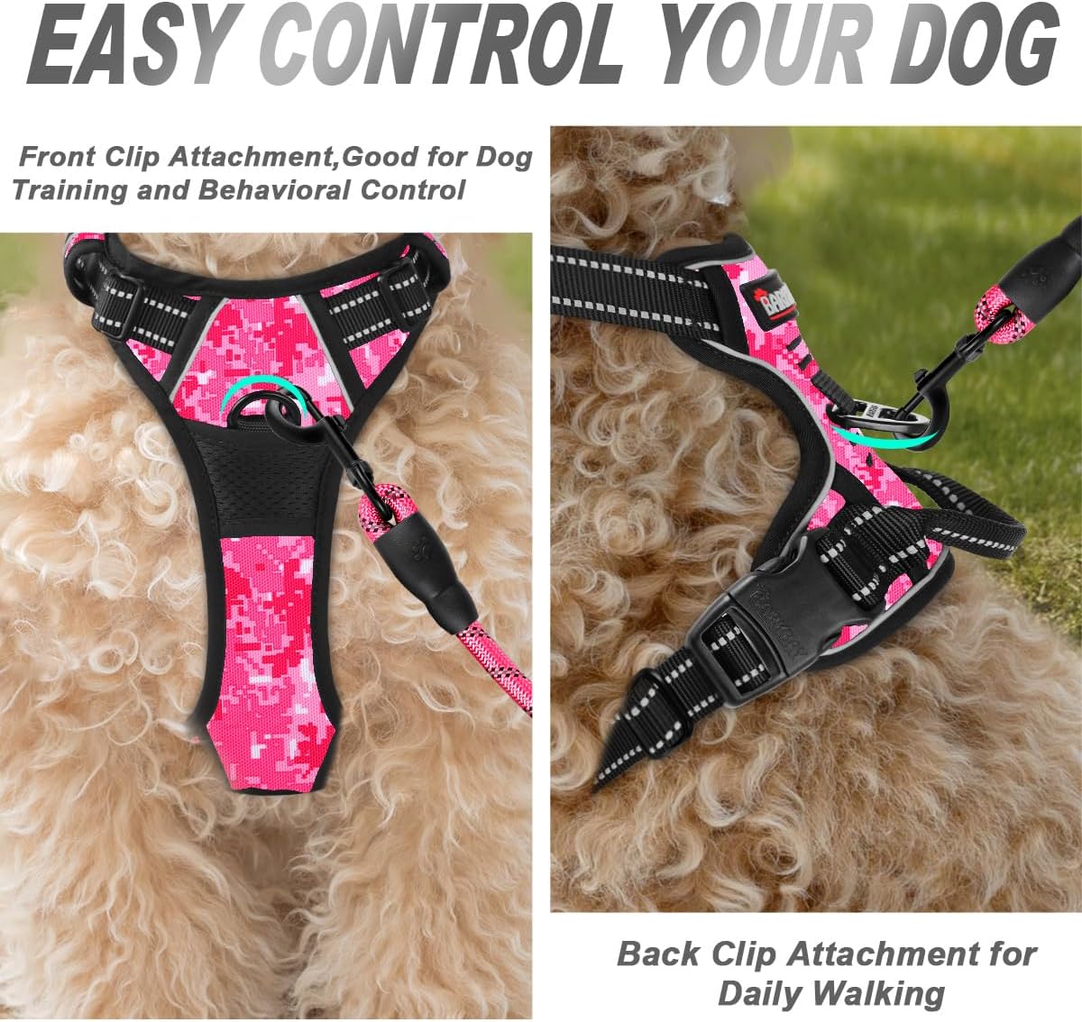 barkbay no pull dog harness front clip heavy duty reflective easy control handle for large dog walking(pink camo,xs) x-small(chest:15.5-19.5”) pink camo