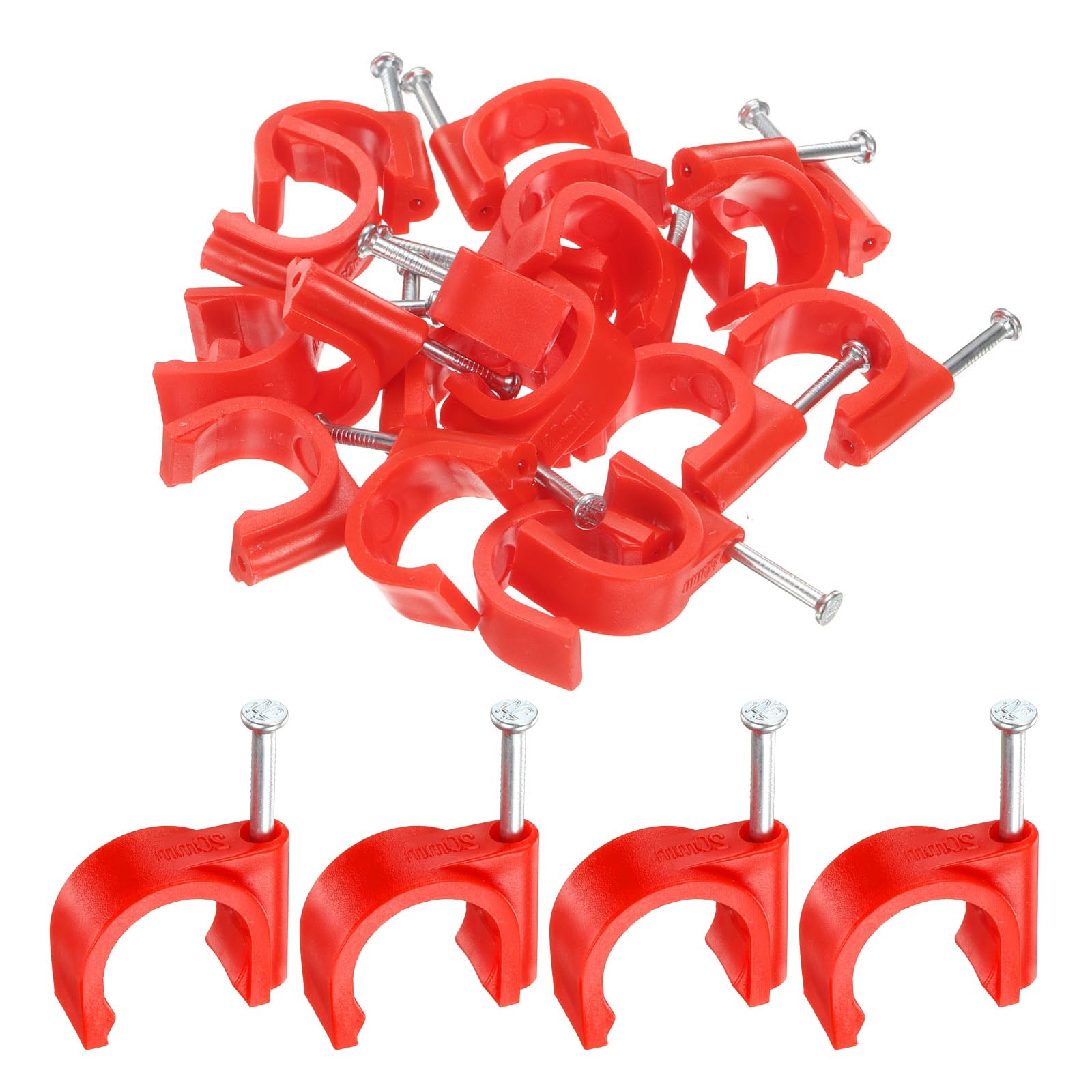 sourcing map 50pcs Cable Clips with Nail 20mm Thicken Circular Single Half Clamp J-Hook with Nail Cord Clips for Wires on Wall for Ethernet Tacks Coax Pex Tubing Pipe Support, Red