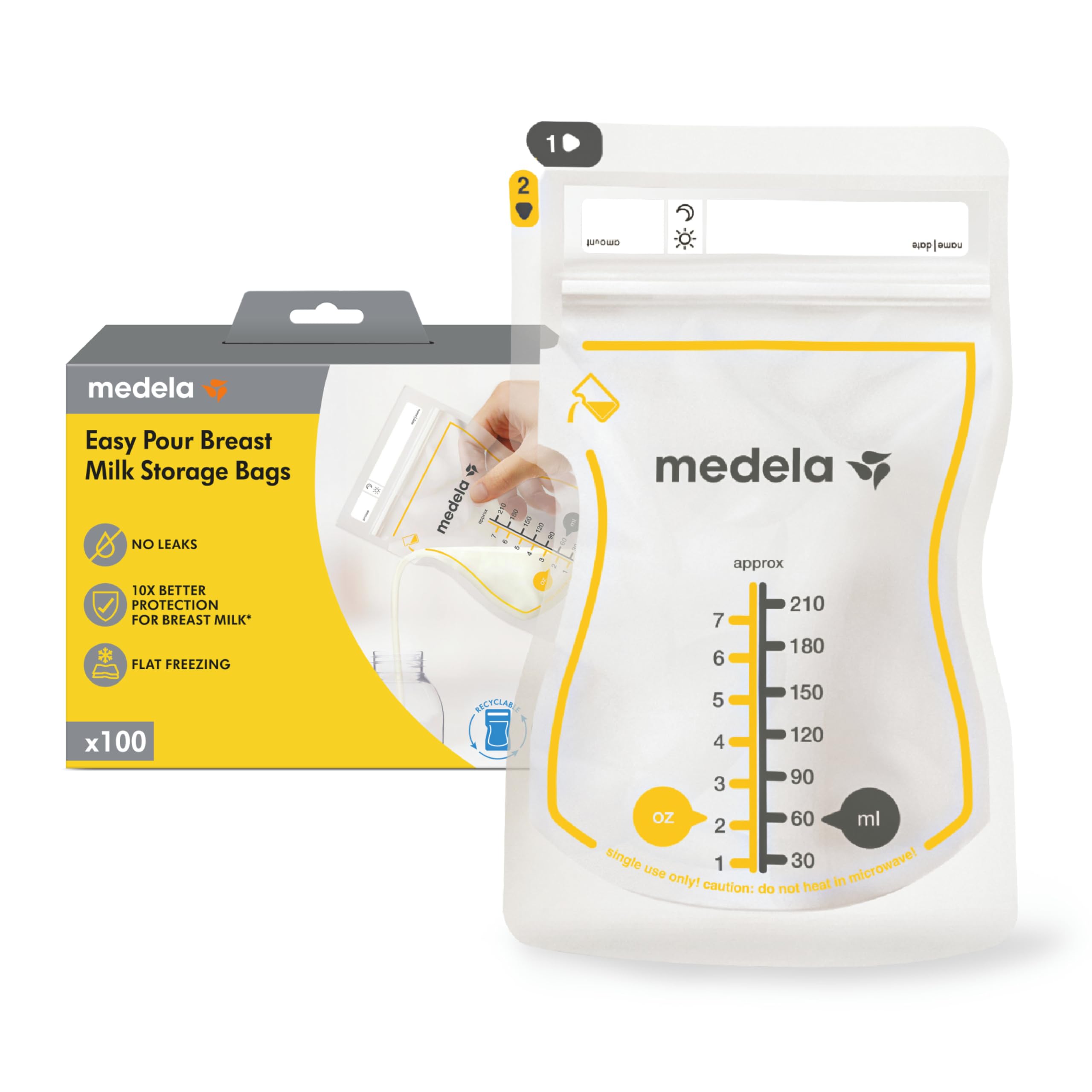 Medela Easy Pour Breastmilk Storage Bags 100 Count 7oz/210ml Disposable, Leakproof, Fast Freeze, Breast Milk Protection Recyclable & BPA FreeMedela Easy Pour Breastmilk Storage Bags…