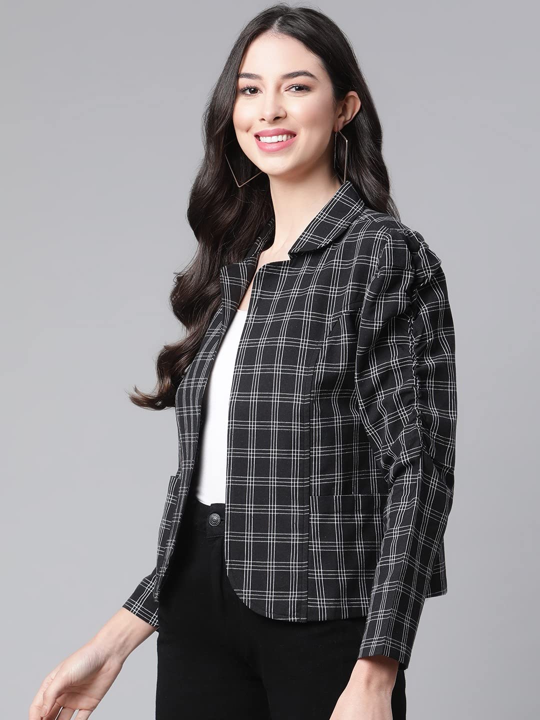 Cottinfab Women Black White Pure Cotton Checked Tailored Jacket 2