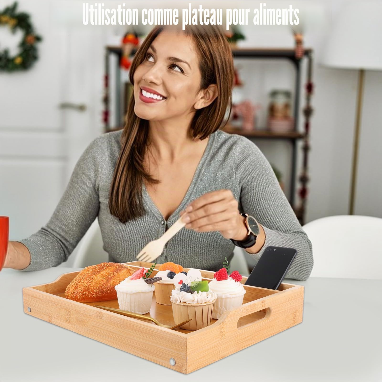 SHUESS Lot de 2 plateaux de lit en bambou - 41,5 x 30 x 20,5 cm Plateau de petit-déjeuner avec pieds pliants - Plateaux pour manger sur les genoux avec emplacement pour appareils multimédia, idéal