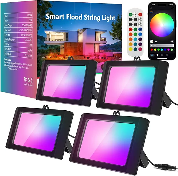 ALFELE LED Flood Light Outdoor, 36W RGBW Outdoor Flood Lights Color Changing Landscape Lighting with APP & Remote Control, IP66 Patio Lights RGB Flood Light with Timer for Yard Garden Party (4 Pack)