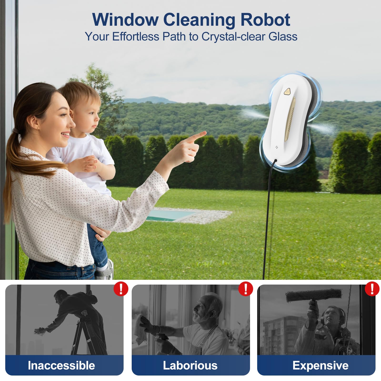 Robot limpiacristales con doble pulverización – Limpiador automático de vidrio con control remoto, limpia cristales eléctrico ventanas para interior y exterior, edificios altos, dorado, 10 paños