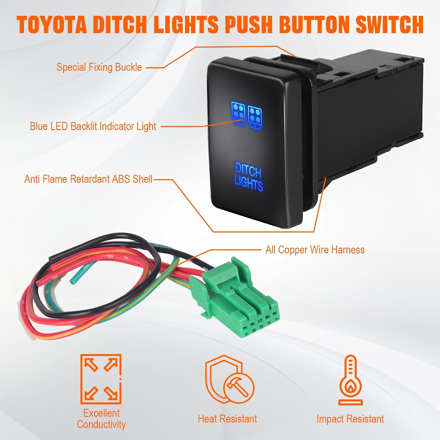 Tacoma Ditch Lights Push Button Switch 12V Blue Backlit Replacement with Wire Kit LED Light Bar Switch Compatible with Toyota Tacoma Tundra 4Runner Sequoia Highlander Yaris