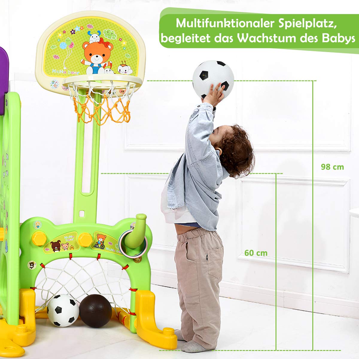 COSTWAY 6 in 1 Kinder Rutsche mit Schaukel, Kinderrutsche Indoor mit Basketballkorb & Fußballtor & Wurfspiel & Schreibtischplatte, Spielplatz Indoor & Outdoor für Kinder ab 3 Jahren