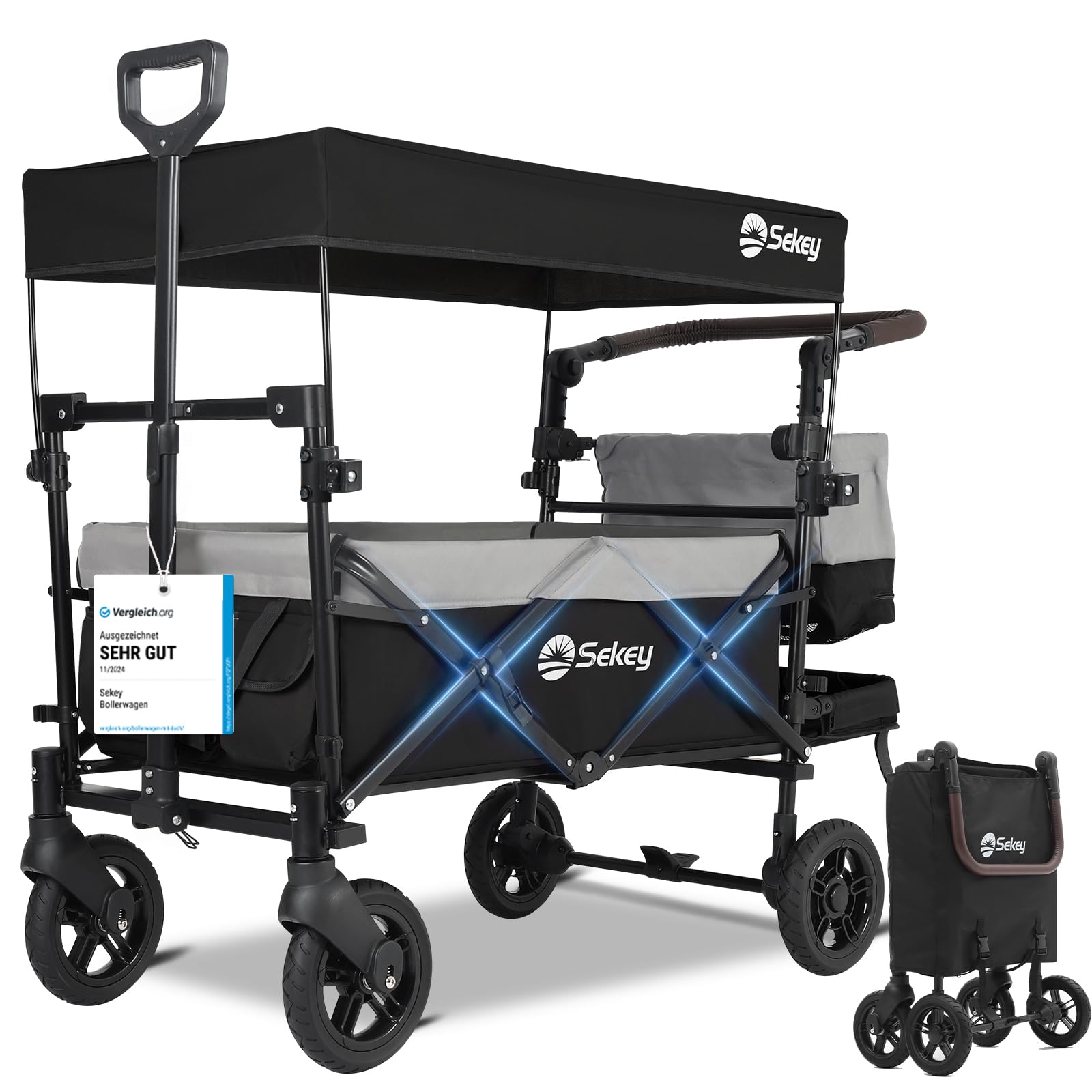 Sekey Bollerwagen SS5050 – faltbarer Kinder-Bollerwagen mit Dach, Traglast bis 150 kg, 110 L Kapazität (Grau/Schwarz)