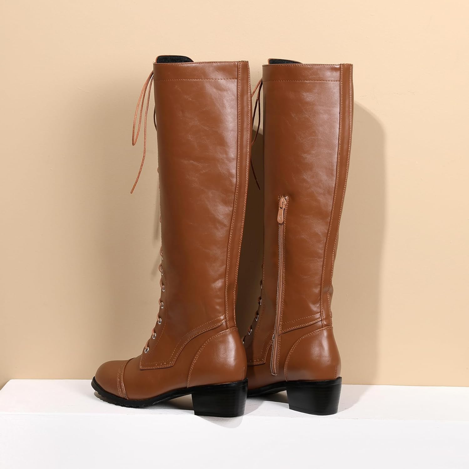 BEAUPAS Women's Knee High Combat Boots Lace Up Low Heel Military Tall Boots(Brown PU,8)