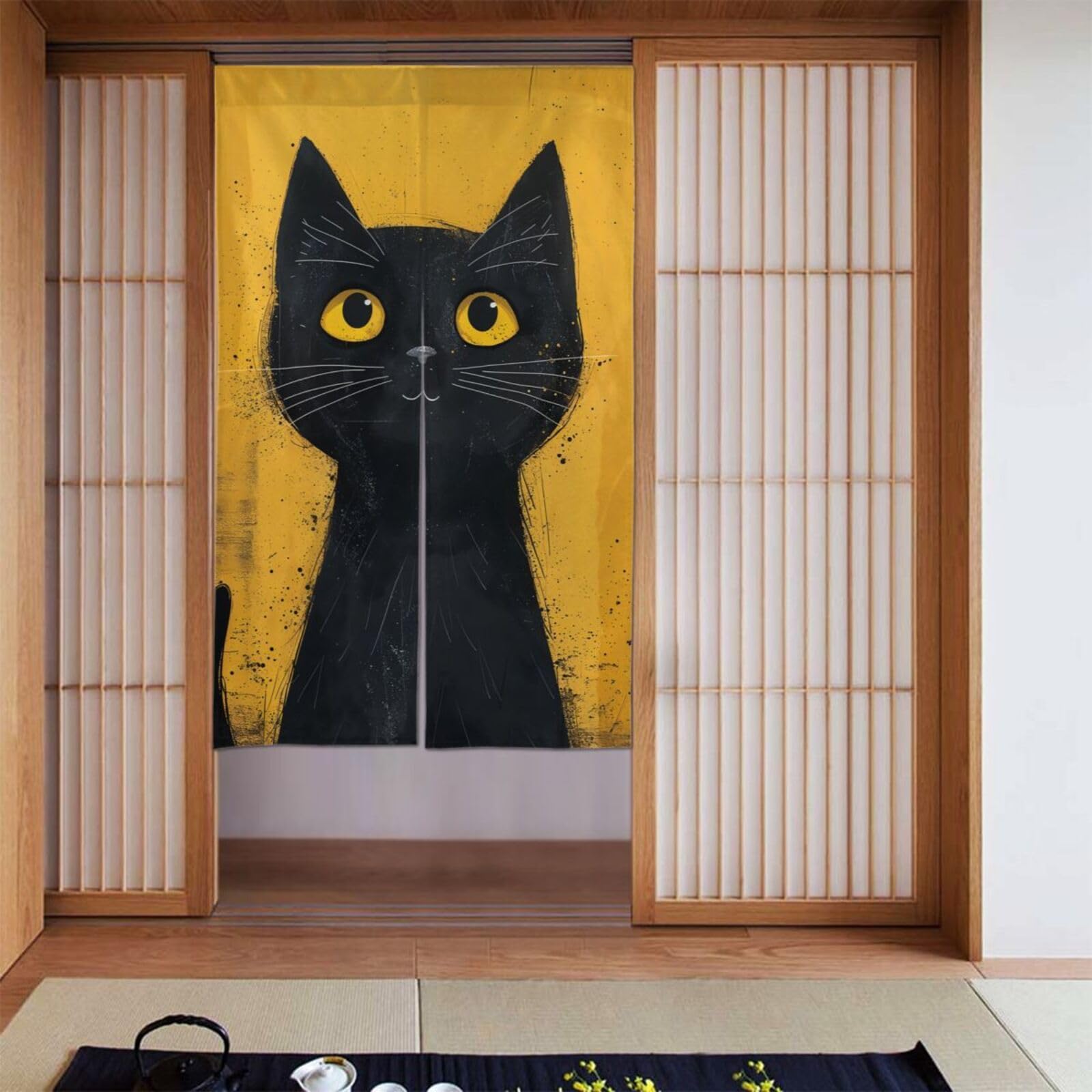 のれん目隠し 壁飾り 猫と花 縦147×横87.5cm ベージュ